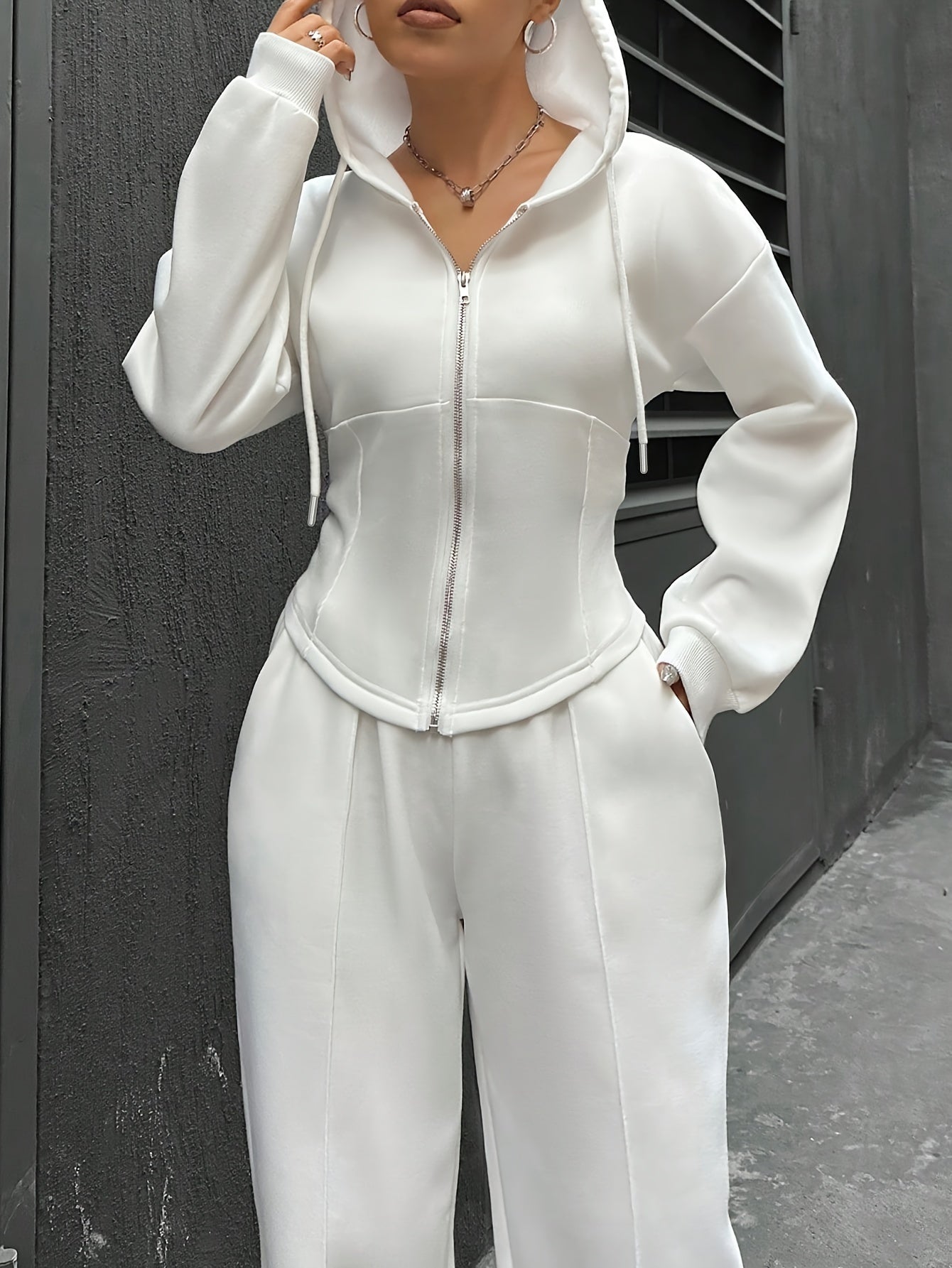 Women's Polyester Tracksuit Set Hooded Drawstring Zipper Solid Color All Seasons