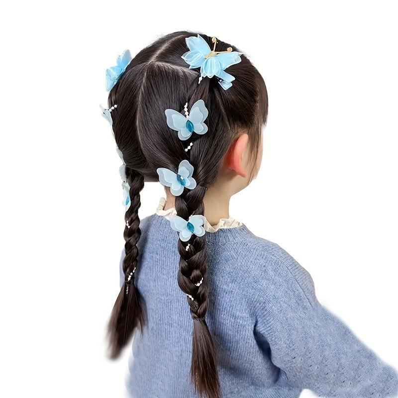 Yoshlar uchun yangi to'plam 2 qizning soch qisqichlari, kapalakga o'xshash marvaridlar, yoqimli to'r ip gullari, uzun marjonli tassel va o'ralgan soch zanjiri.