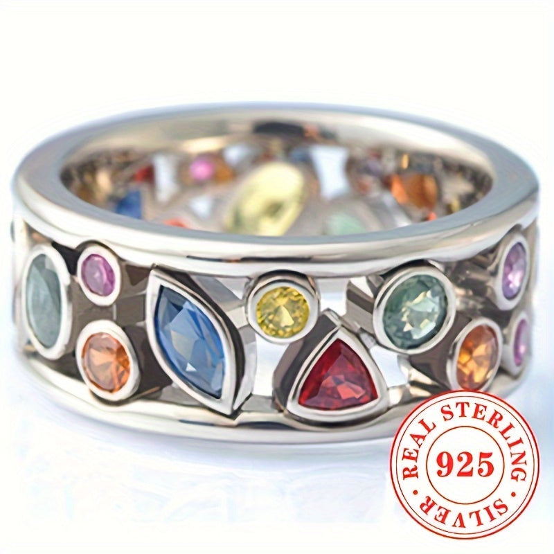 Women's Sterling Silver Geometric Ring with Colorful Synthetic Zirconia