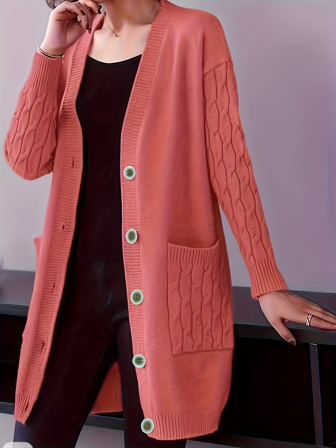 Plus Size Cable Knit Cardigan Open Front Long Sleeve Fall Winter Women's Clothing