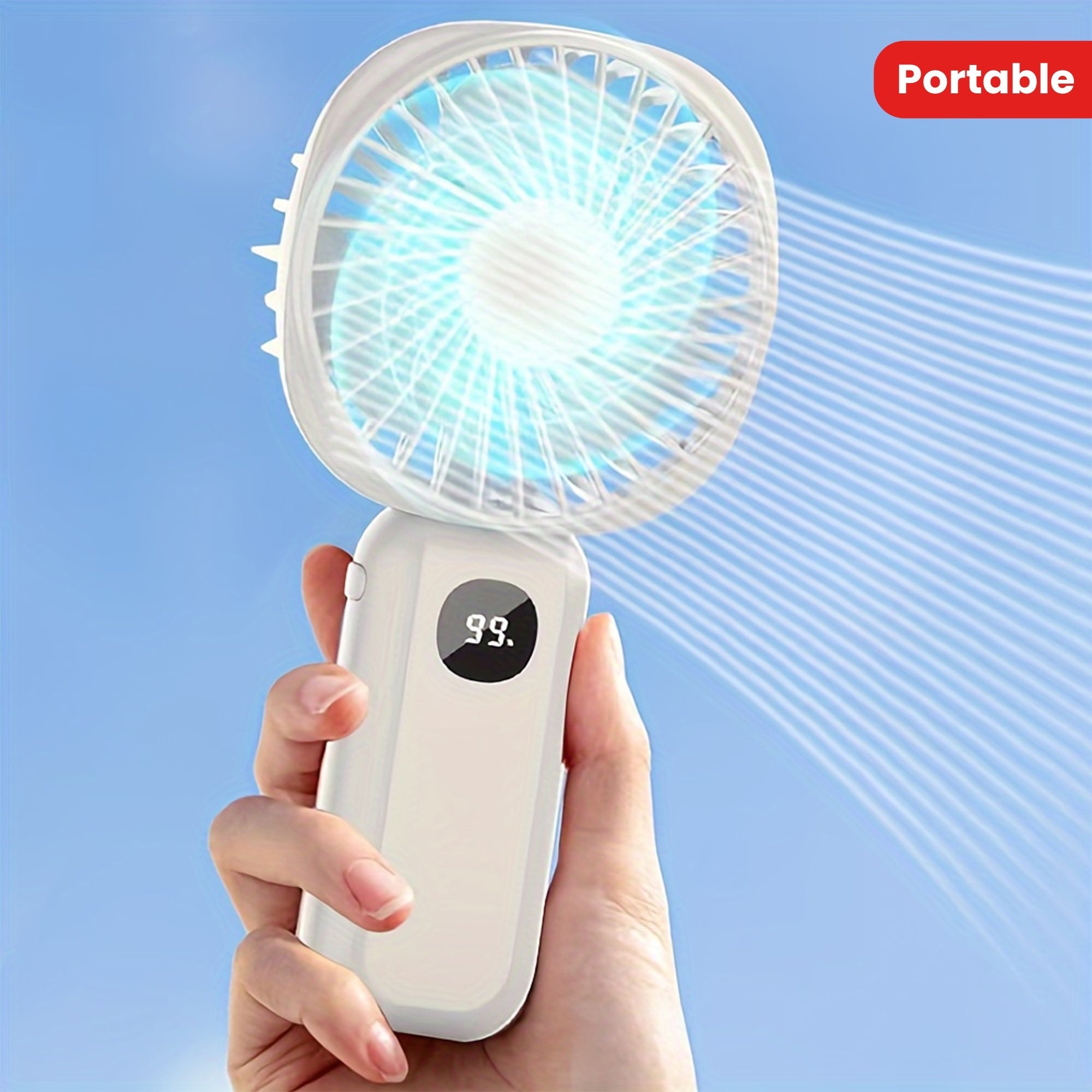 Portable Handheld Fan with Battery Display, Phone Holder, Compact and USB Powered