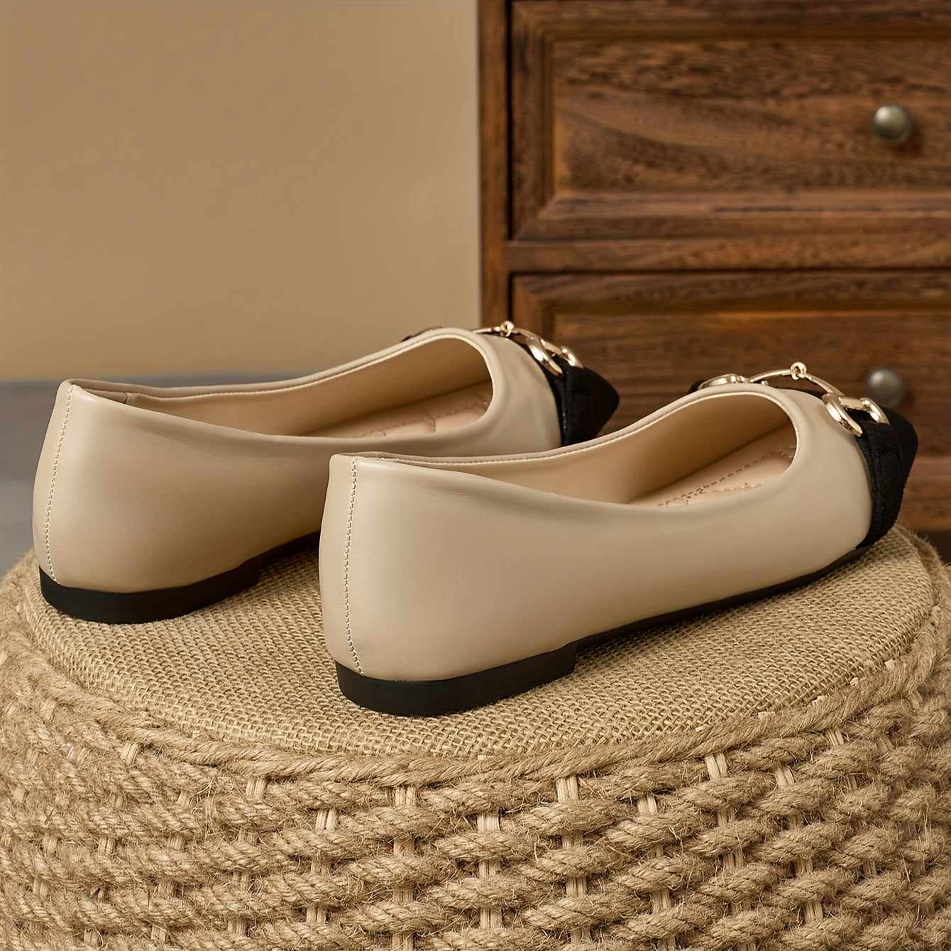 Women's Slip-On Flats Faux Cover Square Toe Loafers Two-Tone Beige Black