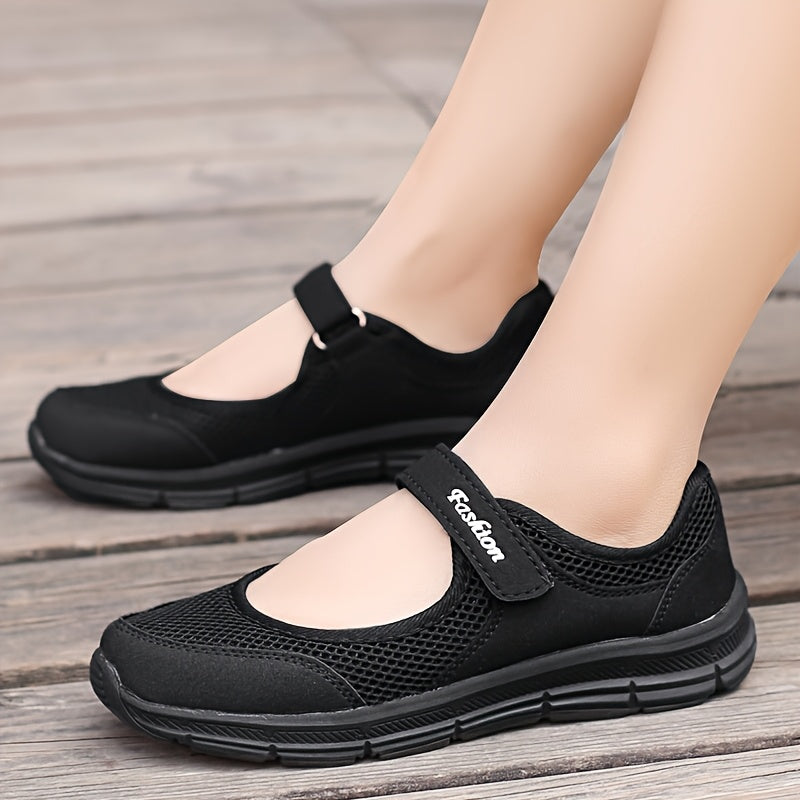 Zapatillas slip-on transpirables de malla para mujer con correa ajustable, zapatos casuales negros