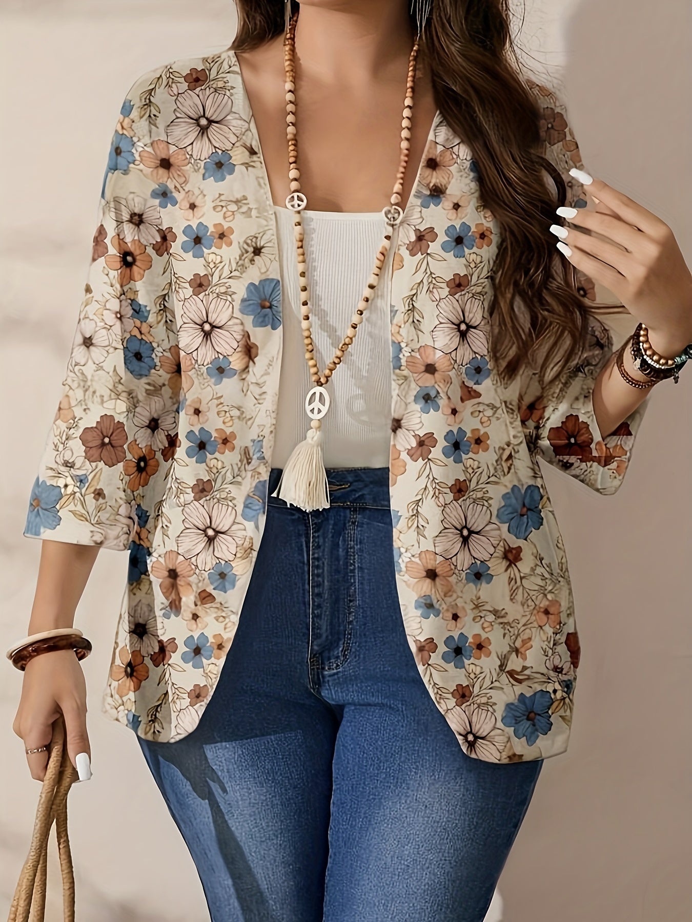 Women's Large Size Elegant Printed Top Polyester Spandex Knit Notched Collar