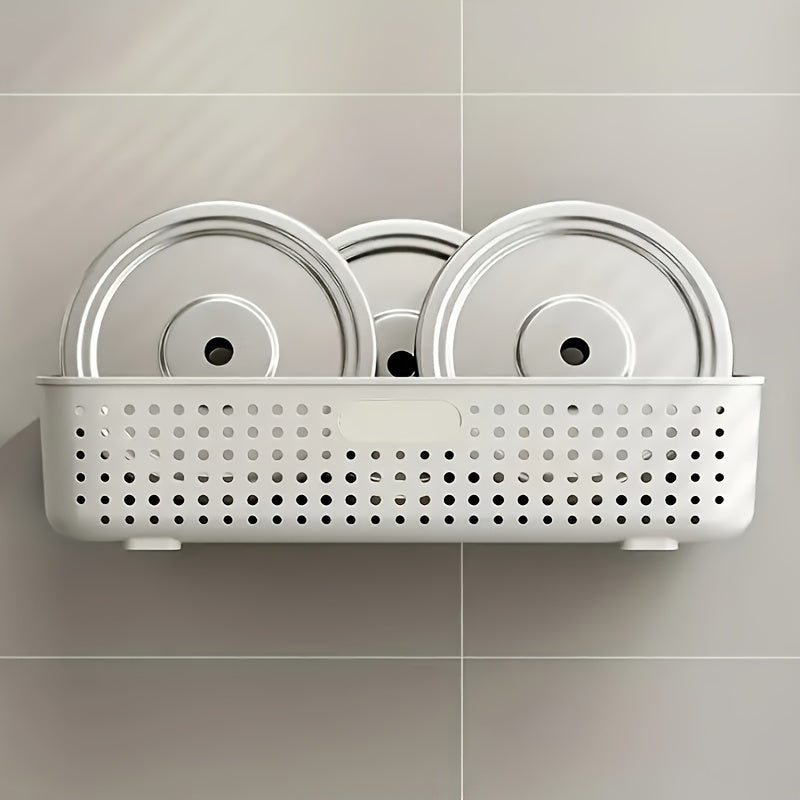 Wall-Mounted Plastic Storage Basket Adhesive Kitchen Bathroom Organizer
