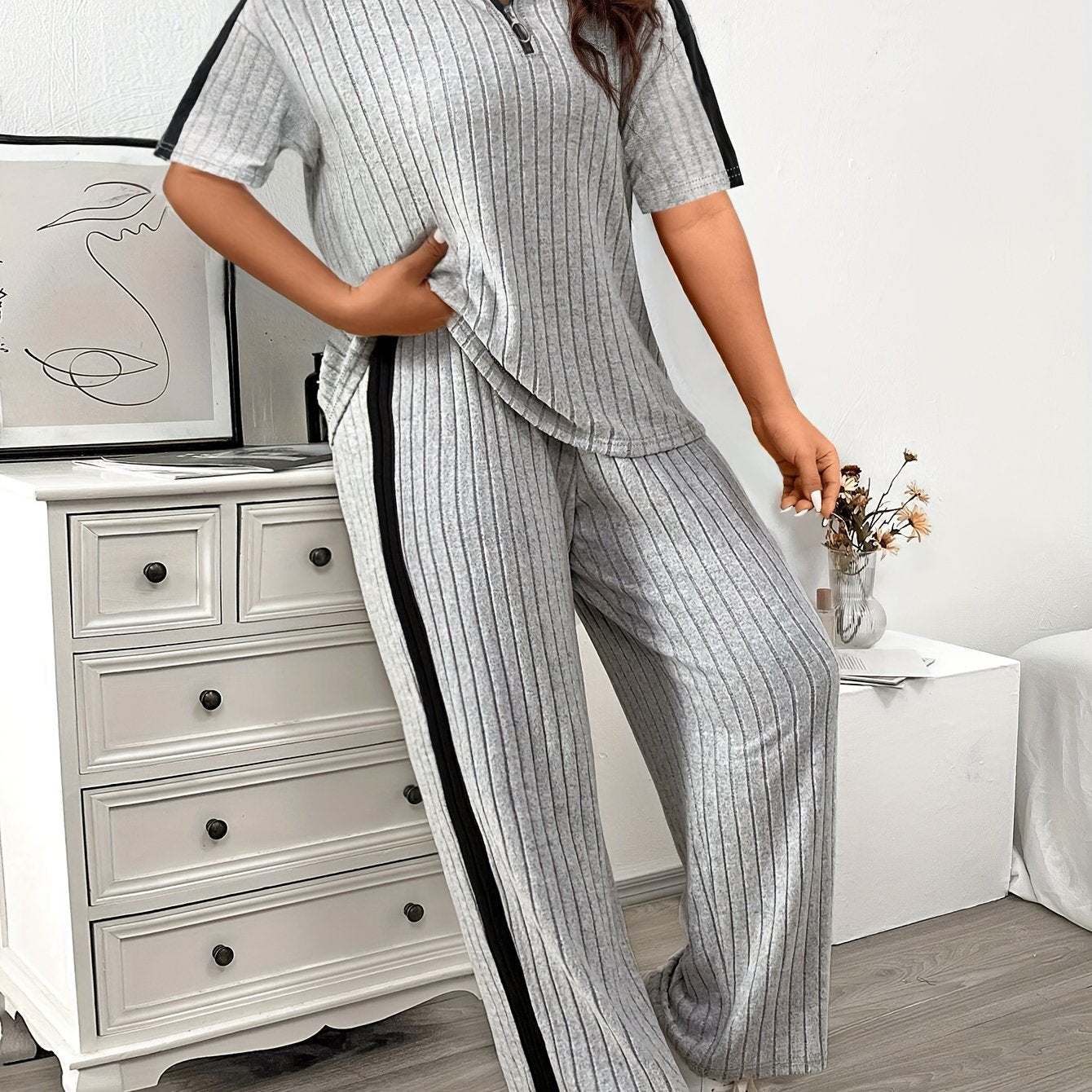 Large Size Casual Polyester Pajama Set for Adults with Zipper