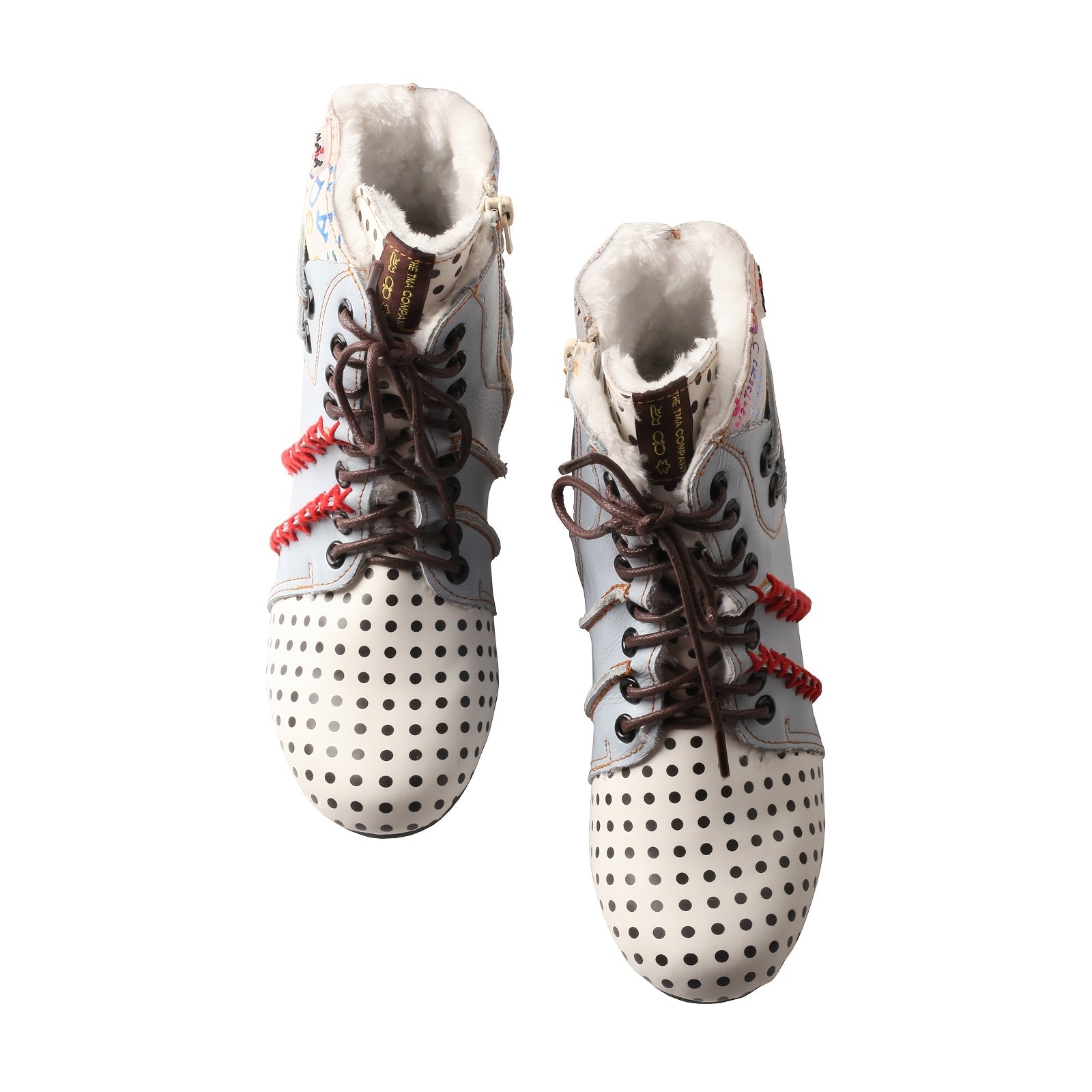 Women's Winter Ankle Boots Leather Mid Heel Lace-Up with Print