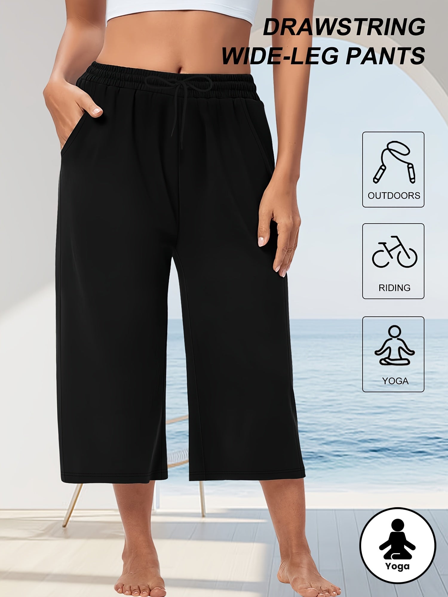Plus Size High-Stretch Wide-Leg Capri Pants with Pockets for Yoga and Casual