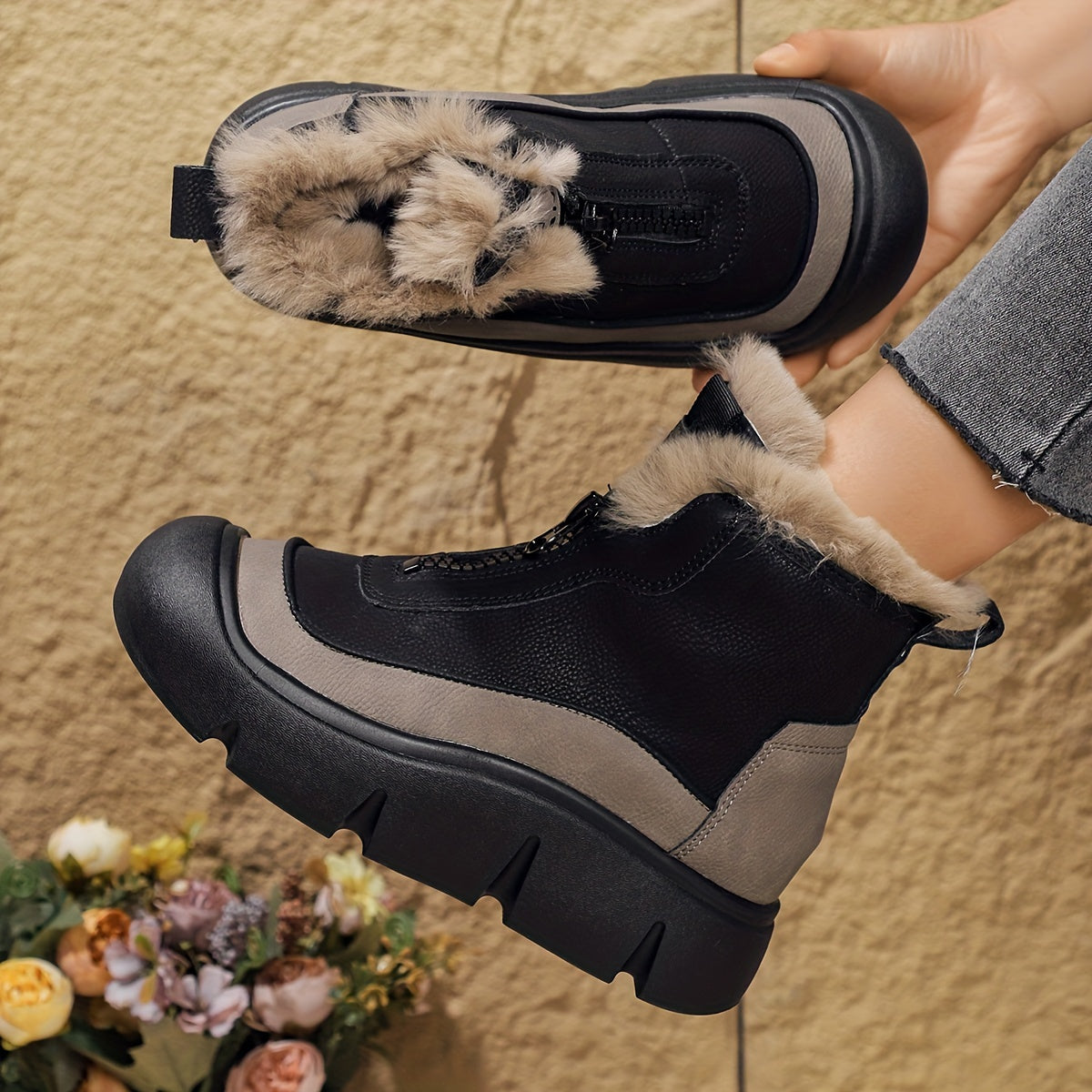 Women’s Mid-Calf Chelsea Boots Faux Fur Trim All-Season Winter Flats