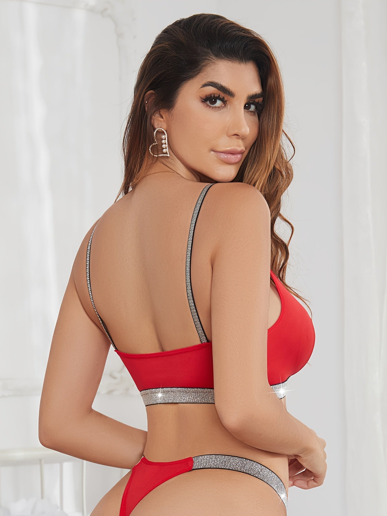 Silver Lingerie Set for Women, Strappy Polyester Knit Bralette and Thong