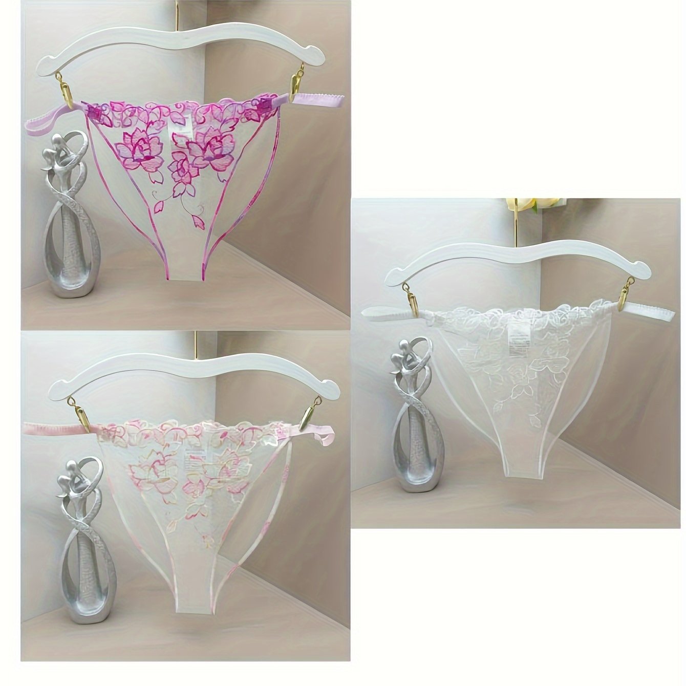 Women's Floral Mesh Panties 3-Pack No Crotch Polyester Spandex Knit Fabric Adult Briefs