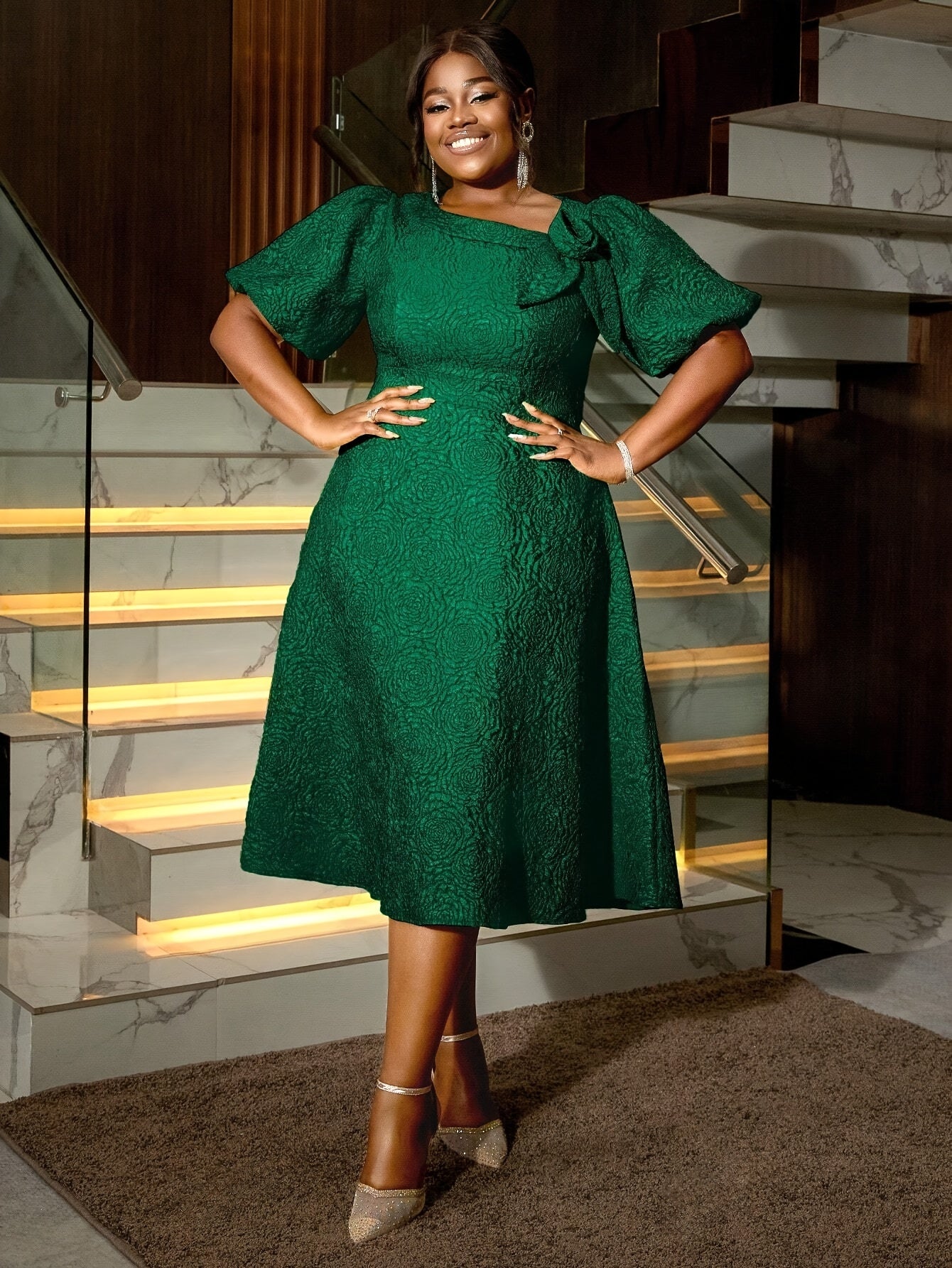 Plus Size Women's Rose Jacquard Flared Sleeve A-Line Skirt Dress for Parties