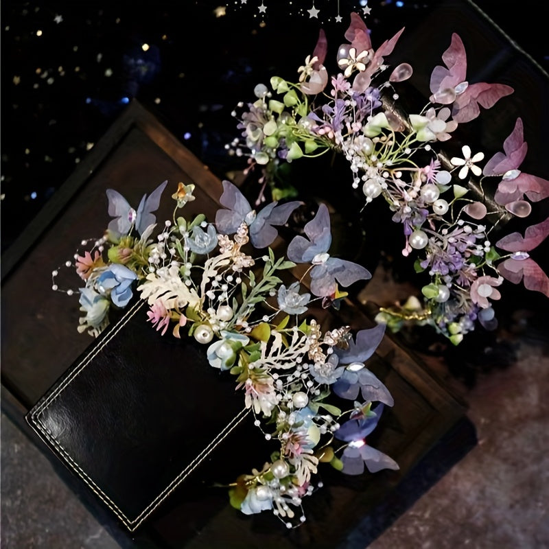 Women's Flower Headband Hair Accessories with Butterfly Decor Faux Pearl Wreath Design
