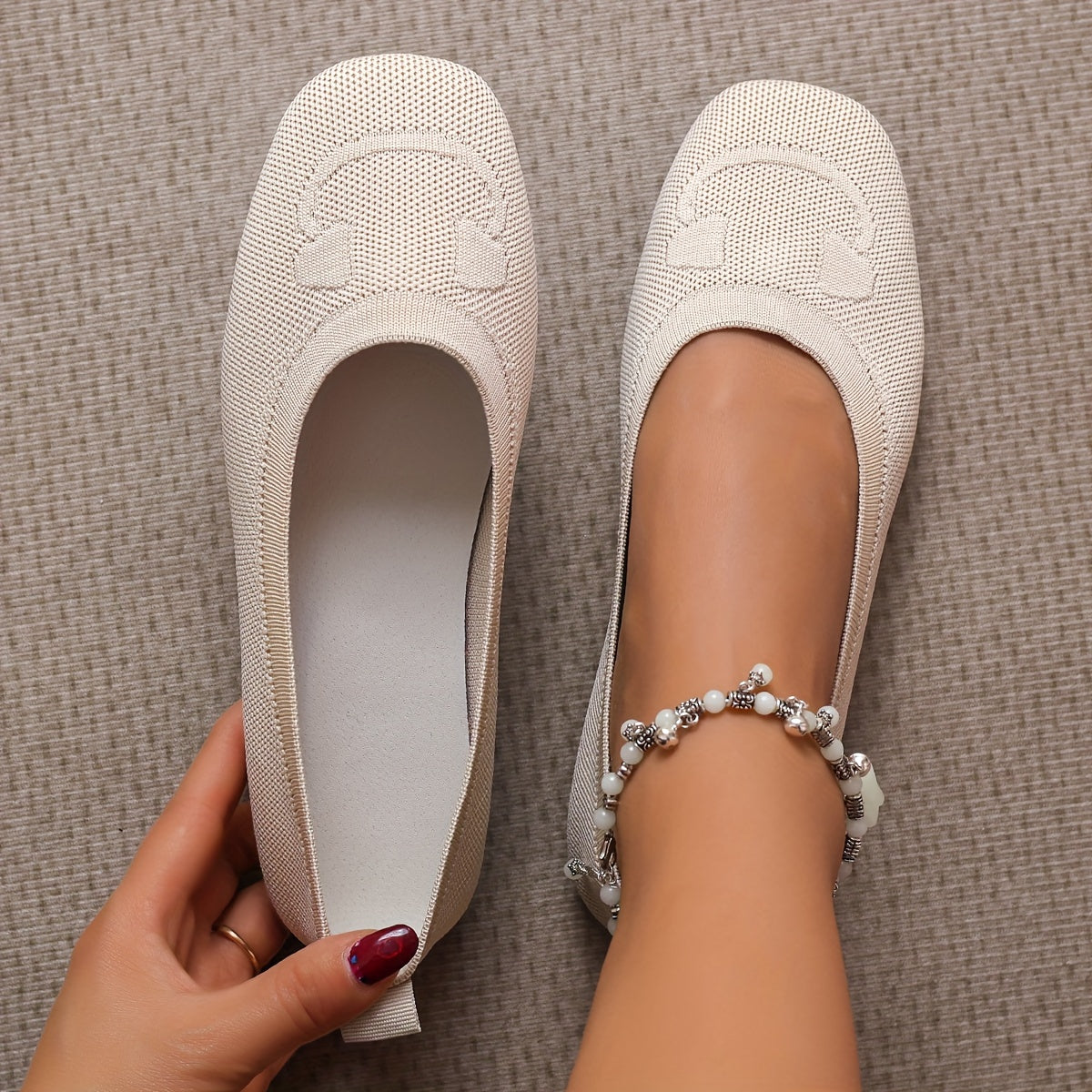 Women's Red Slip-On Knit Shoes Square Toe Breathable Casual Footwear