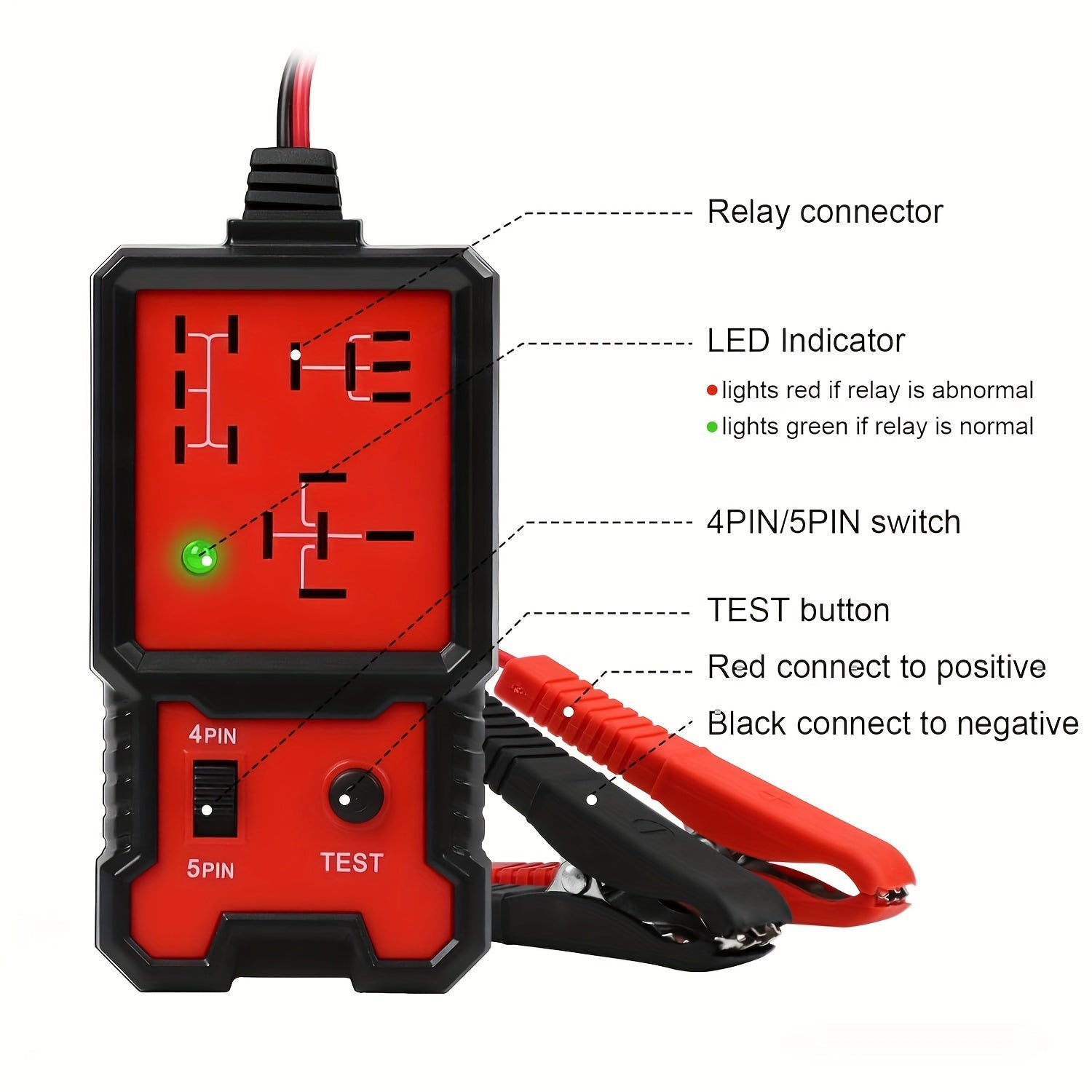 Automotive Relay Tester for 12V 4Pin and 5Pin with Battery Clips Diagnostic Tool