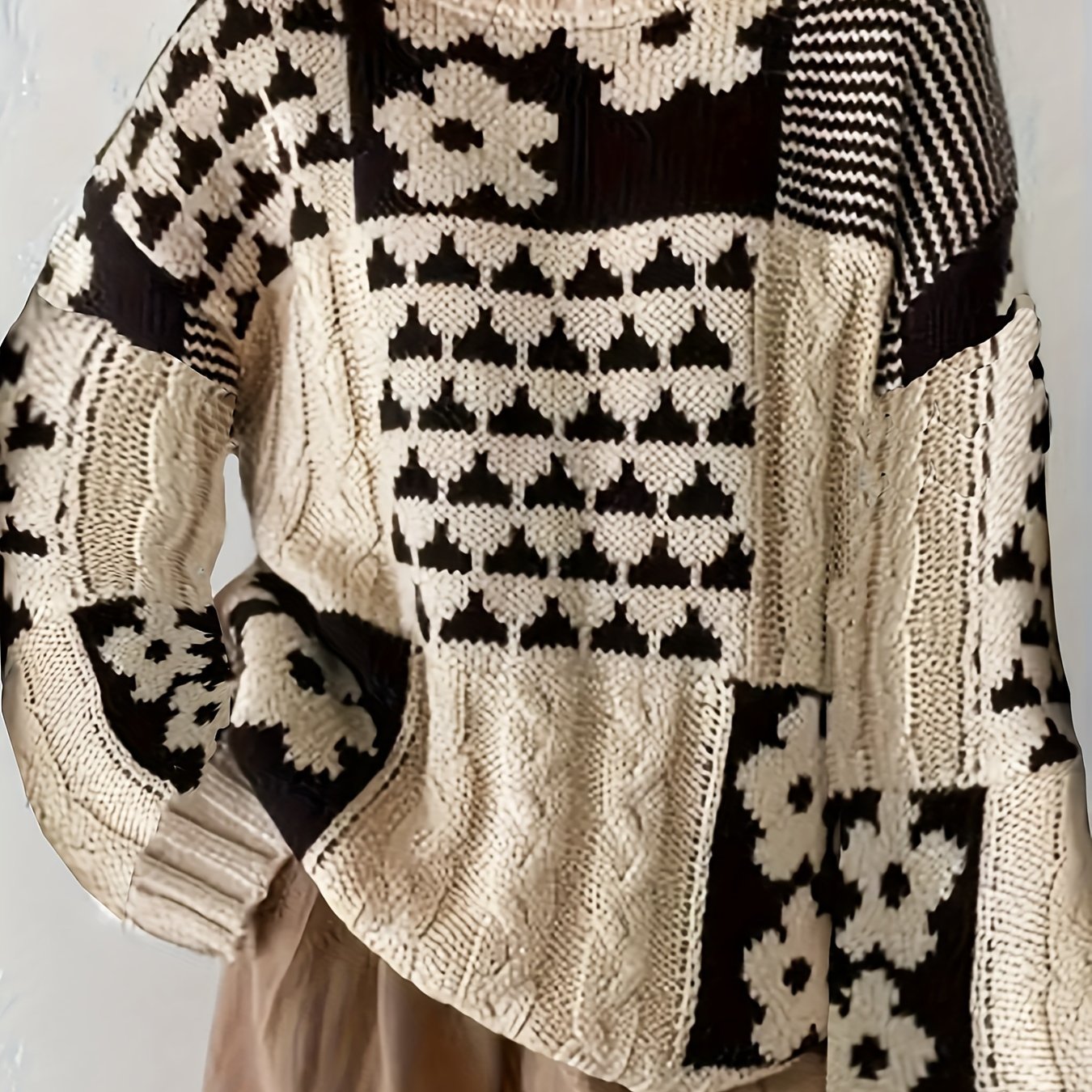 Женский свитер больших размеров с геометрическим узором, длинные рукава, круглый вырез, осень, повседневный