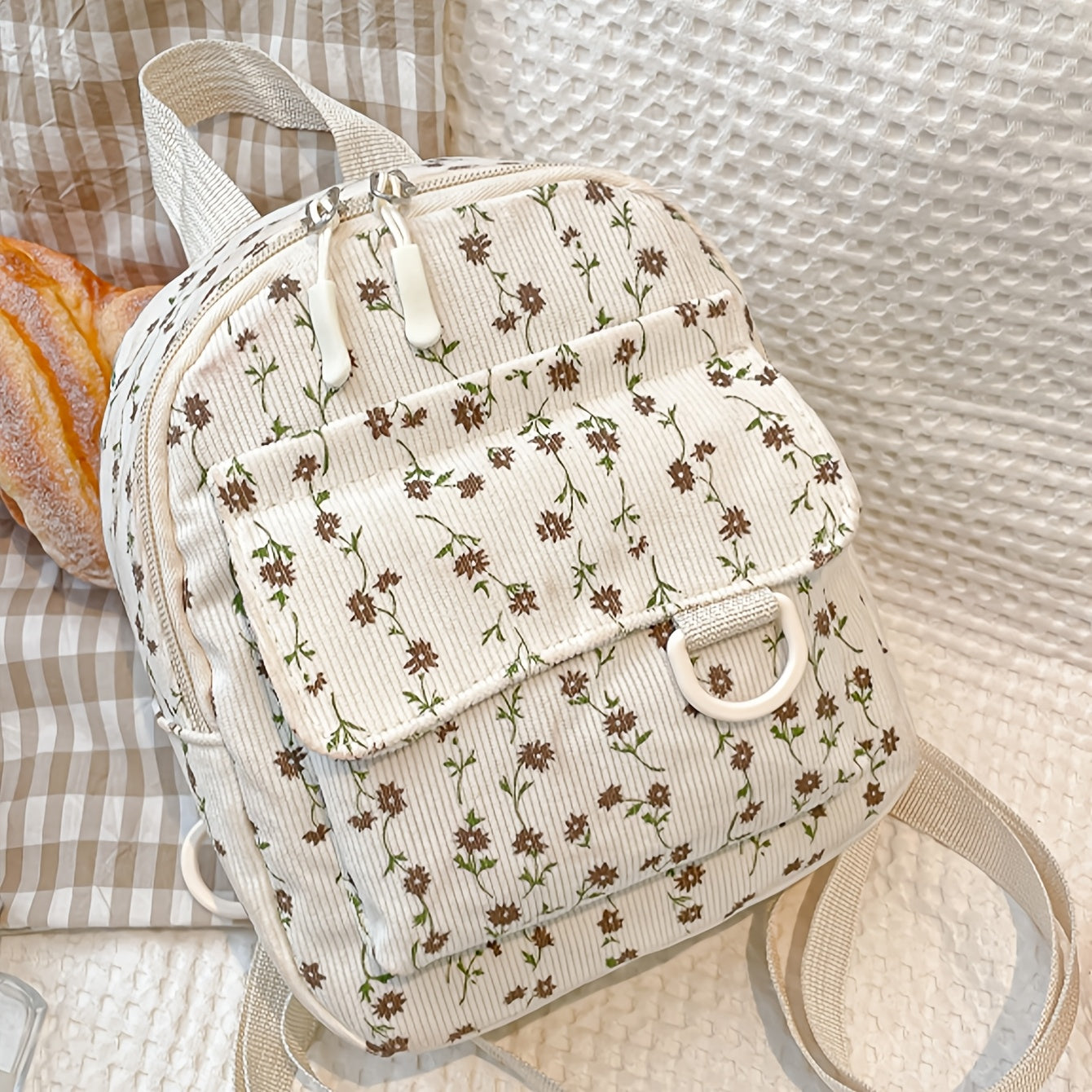 Милый мини-рюкзак из вельвета с цветочным принтом, регулируемыми ремнями и застежкой-молнией