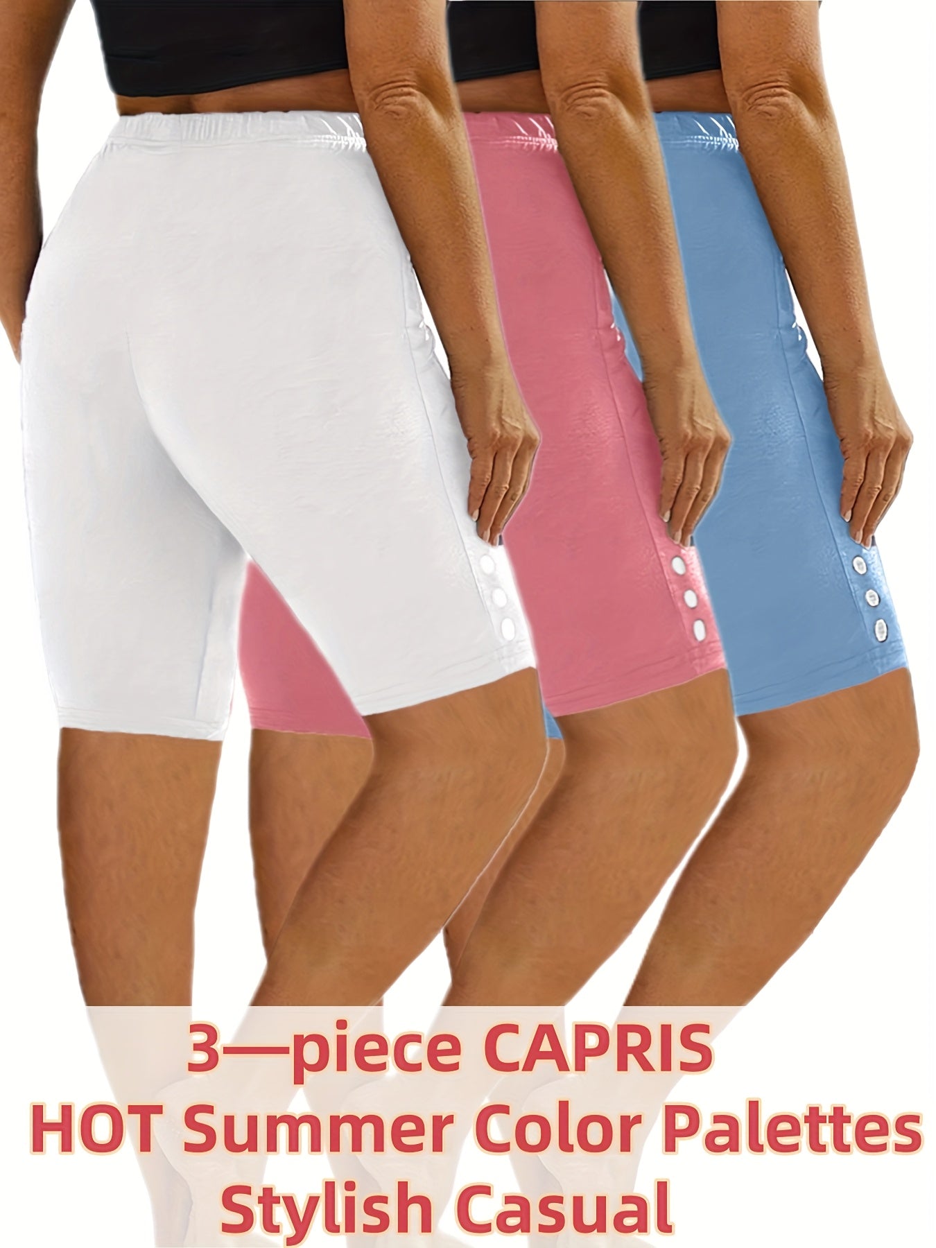 Pantalones cortos de ciclismo tipo capri para mujer - Leggings deportivos de alta elasticidad, color sólido ropa activa de verano