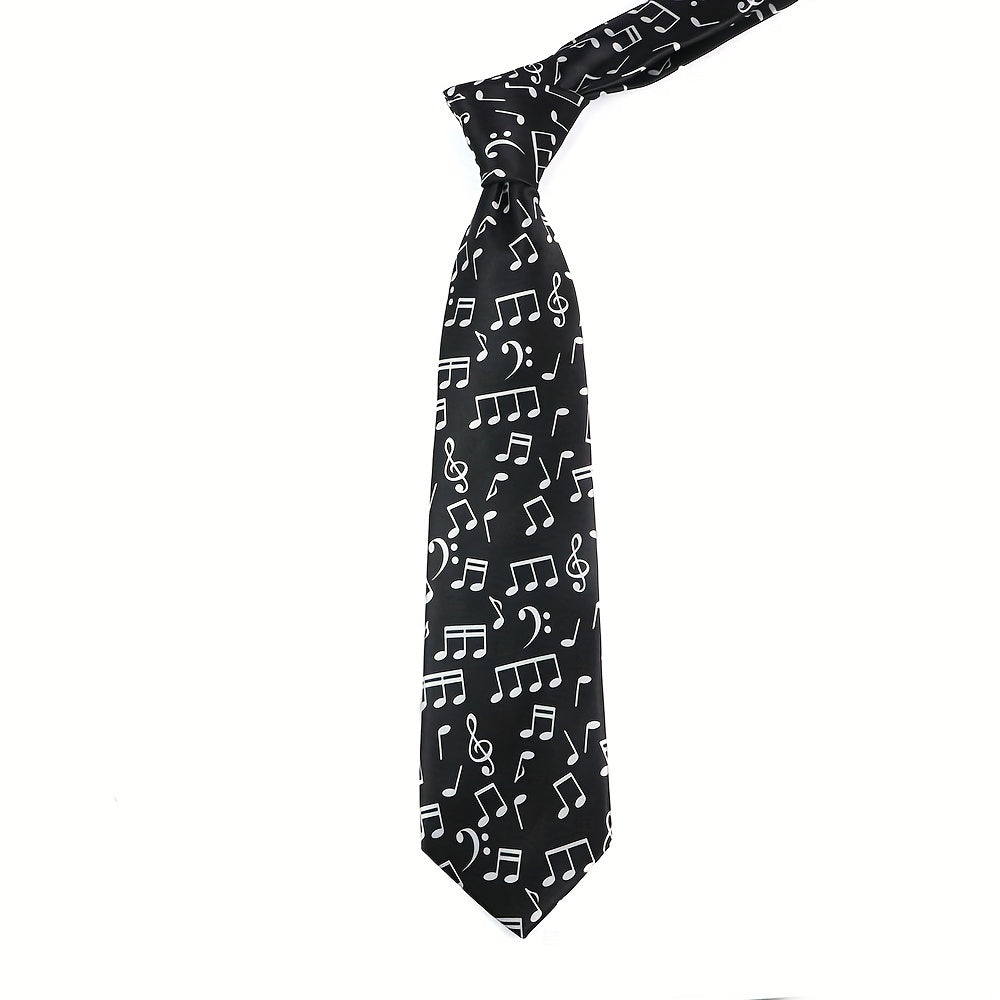 Silk-Like Printed Tie with Airplanes Planets Symbols Musical Notes Footballs for School Work Party