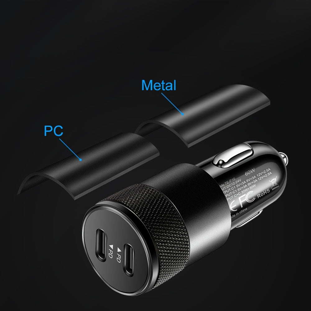 Dual USB-C Car Charger 60W Fast Charging Adapter with Quick Charge 3.0