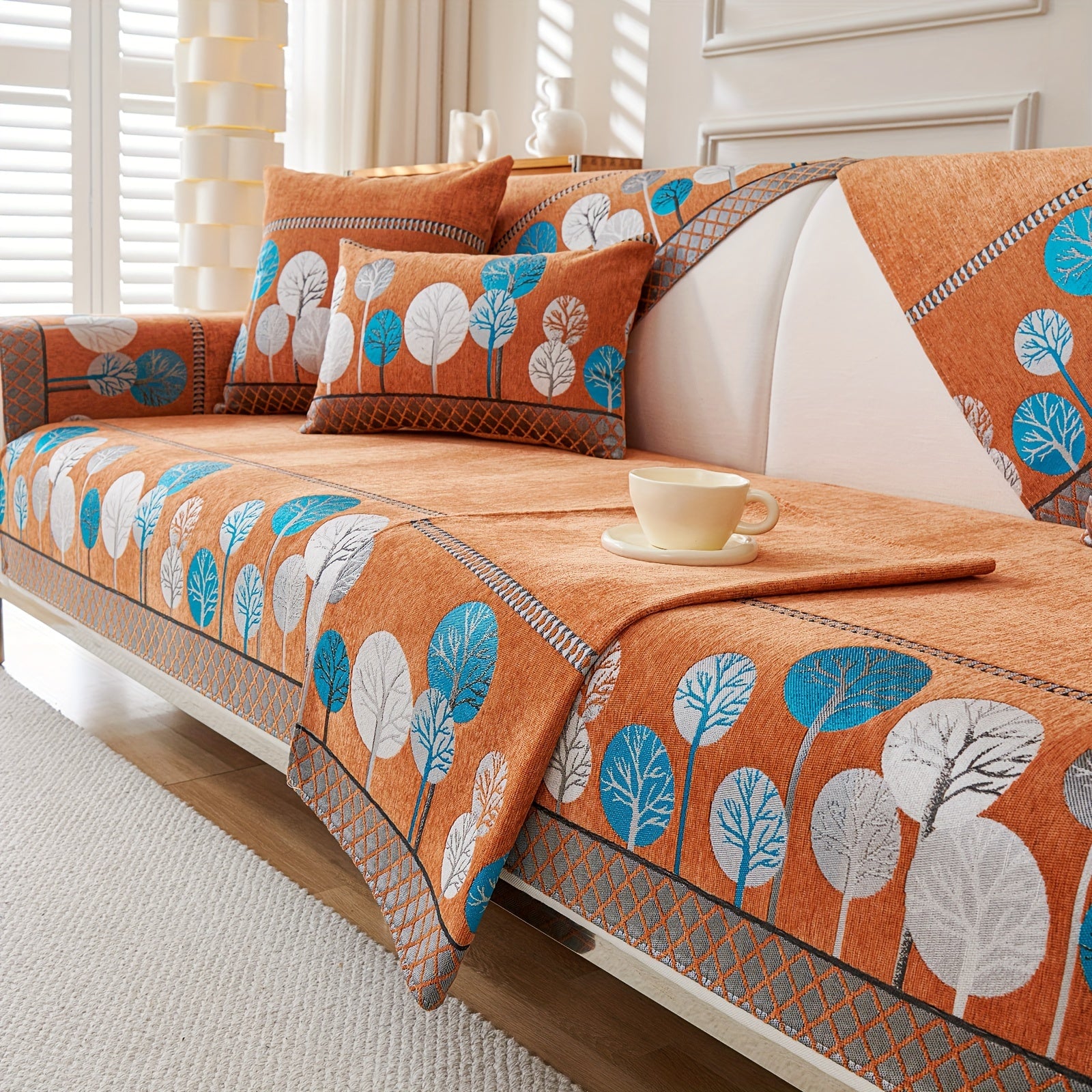 Bohemian Style Sofa Cover with Moonlight Forest Tree Pattern Non-Slip Machine Washable for Single to Quadruple Seat Sofas