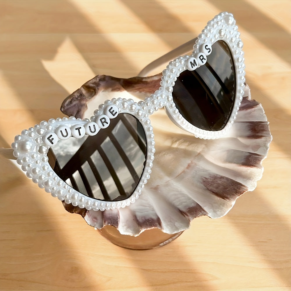 Bride Heart Sunglasses with Rhinestones and Pearl Detailing for Bridal Shower and Wedding