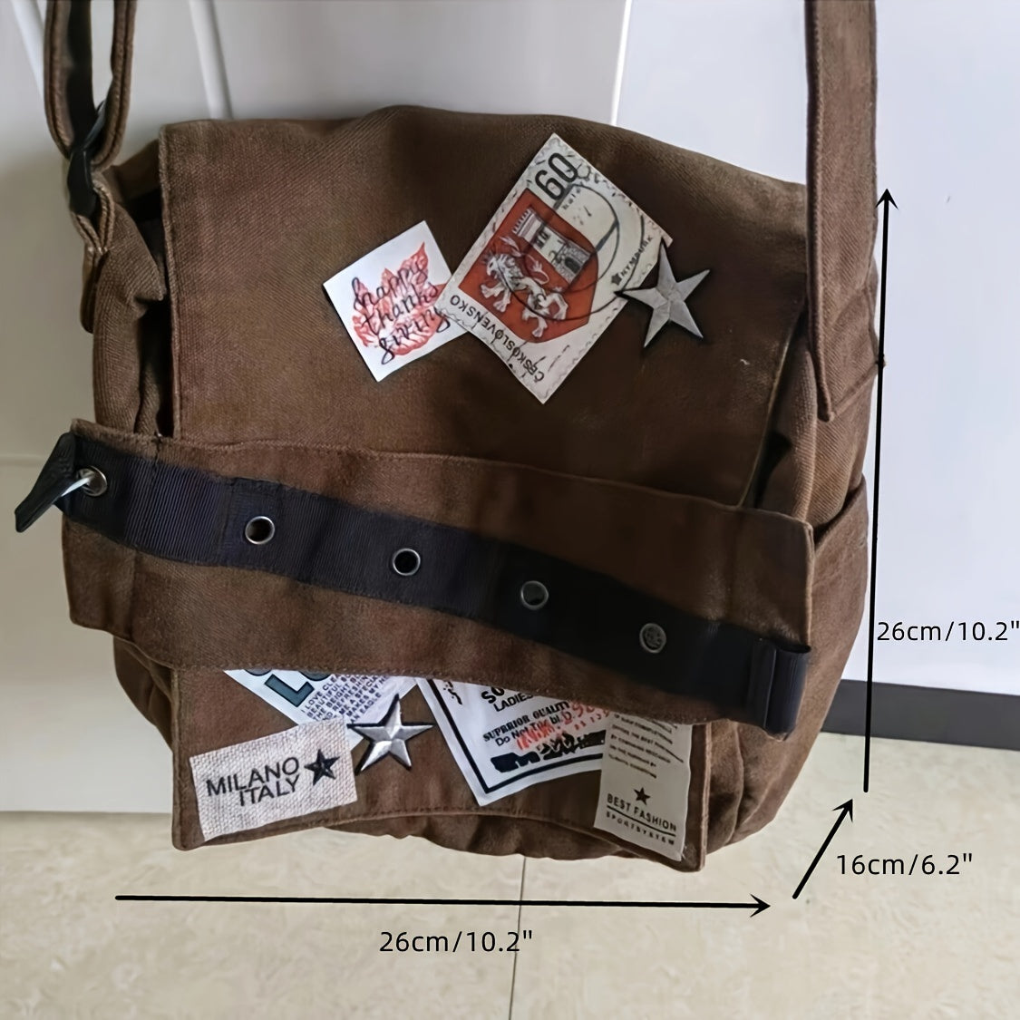 Women's Retro Y2K Canvas Crossbody Bag with Star Patches and Adjustable Strap