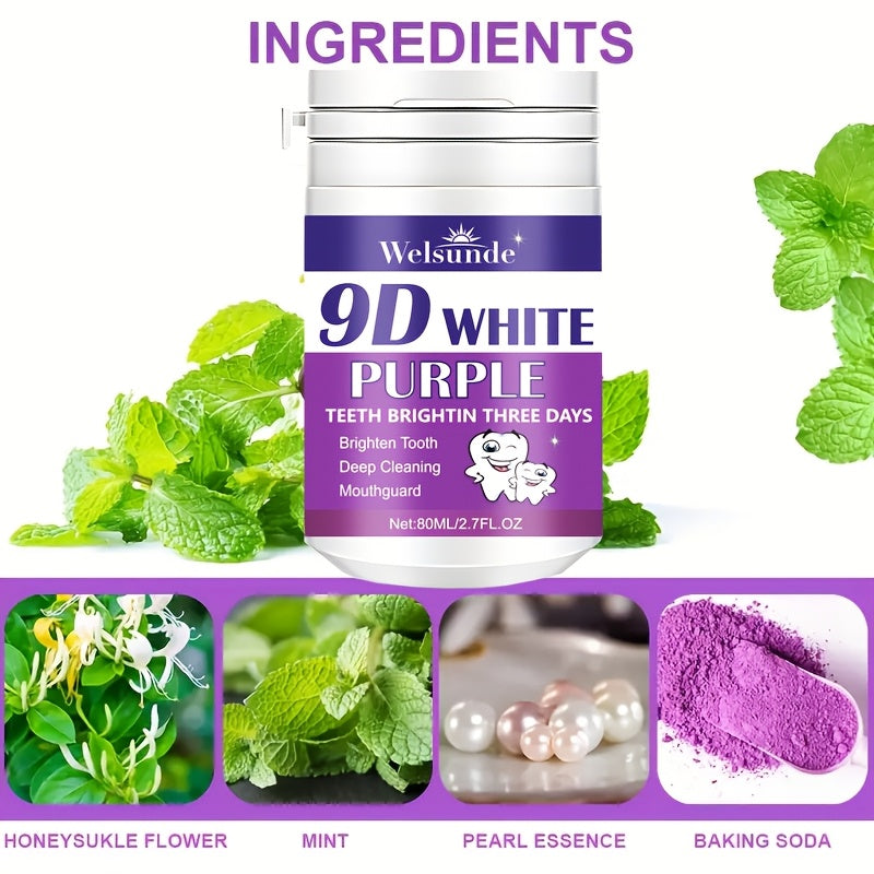 9D White Purple Tooth Powder Deep Cleans Brightens Breath 80g
