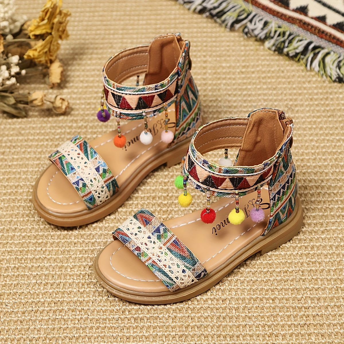 Girls' Open-Toe Beaded Sandals with Geometric Patterns for Summer Casual and Beach Wear