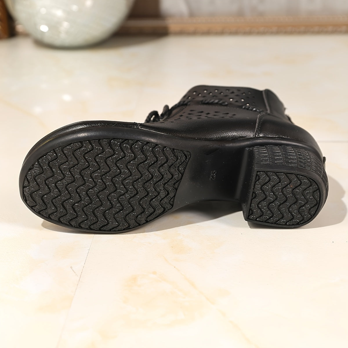 Women's Ethnic Cut-Out Ankle Boots with Bow Faux Leather Chunky Heel Black