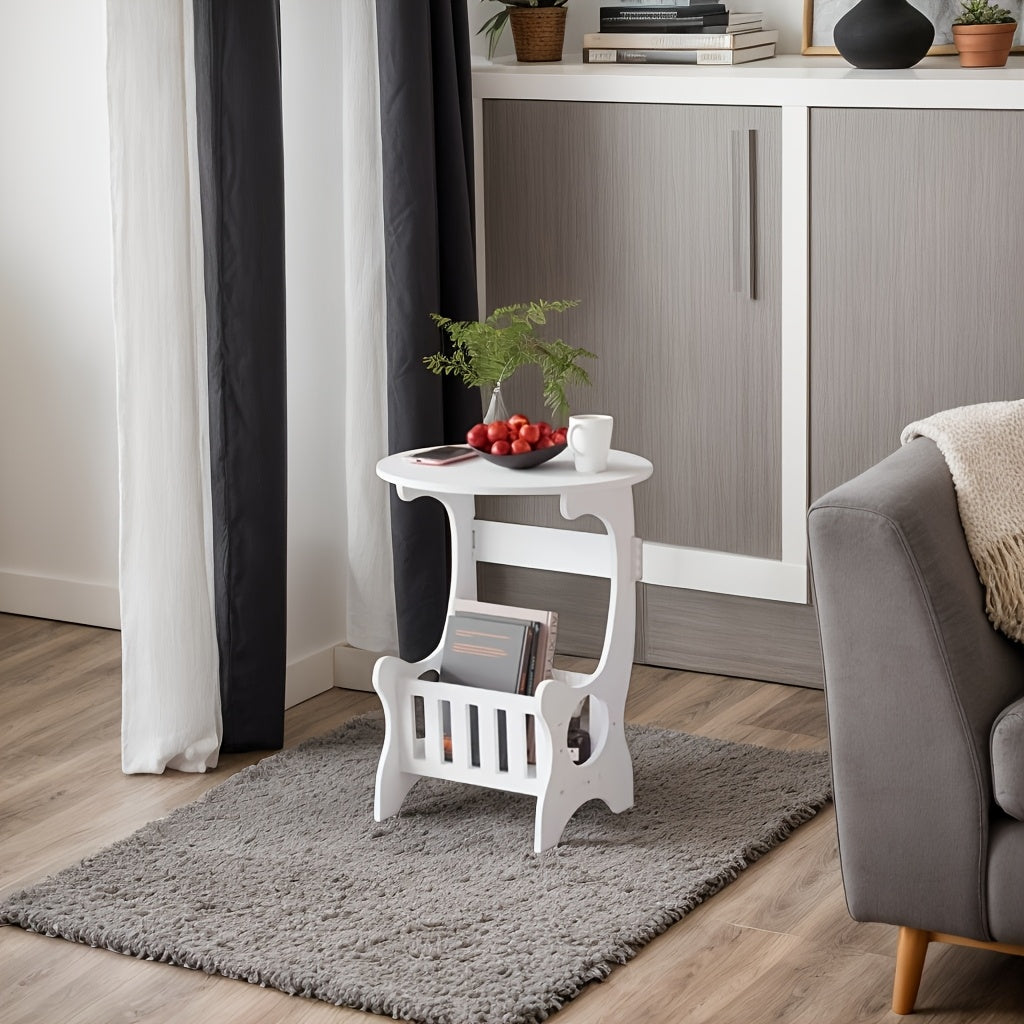 White Wooden Mini Round Side Table with Storage Shelf for Small Spaces