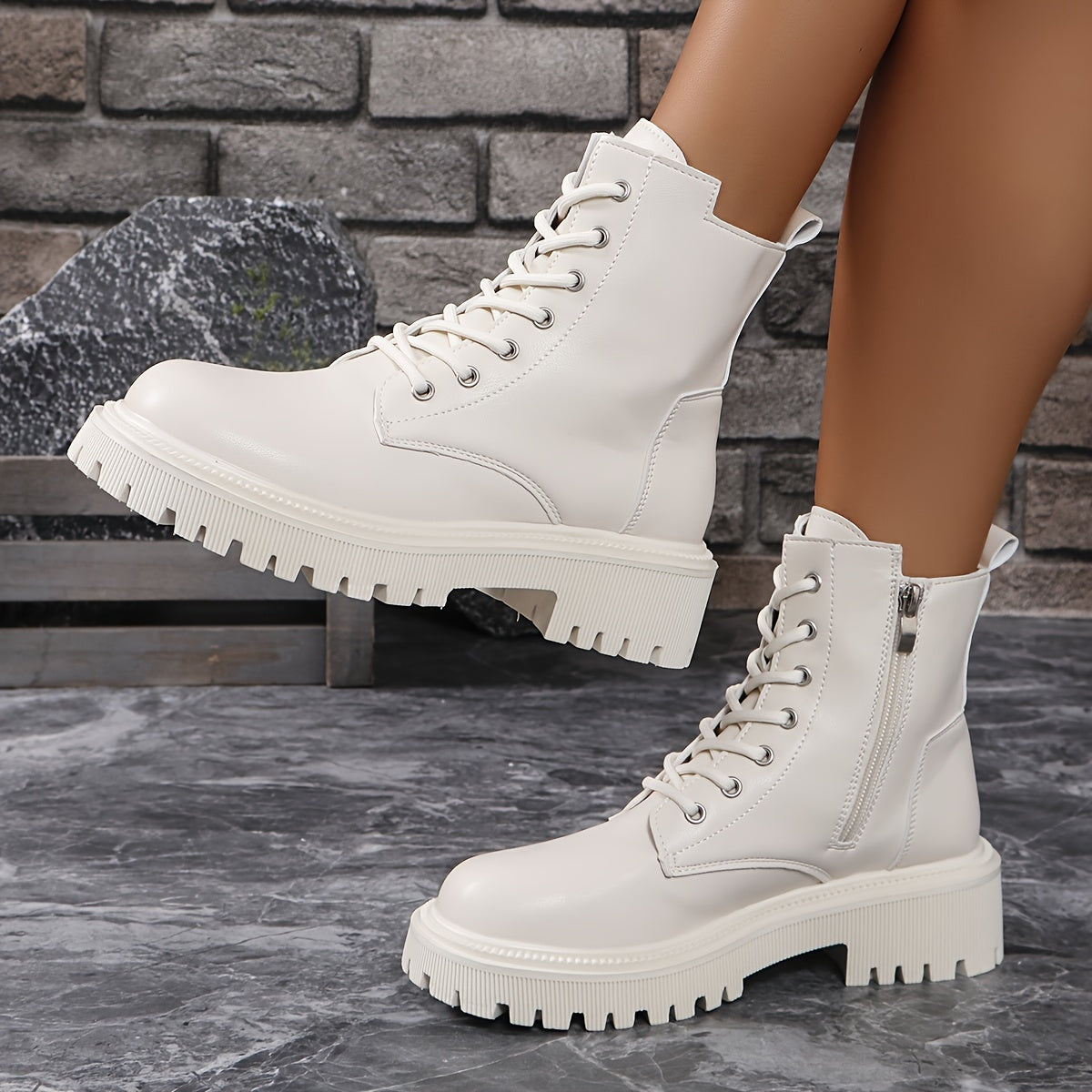 Women's Leather Motorcycle Boots with Side Zip and Thick Sole