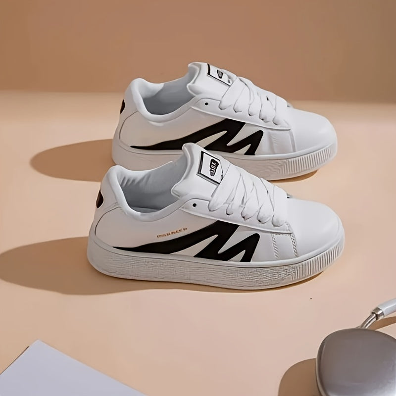 Women's Low-Top Lace-Up Sneakers Black White Synthetic Casual Shoes All-Season Comfort
