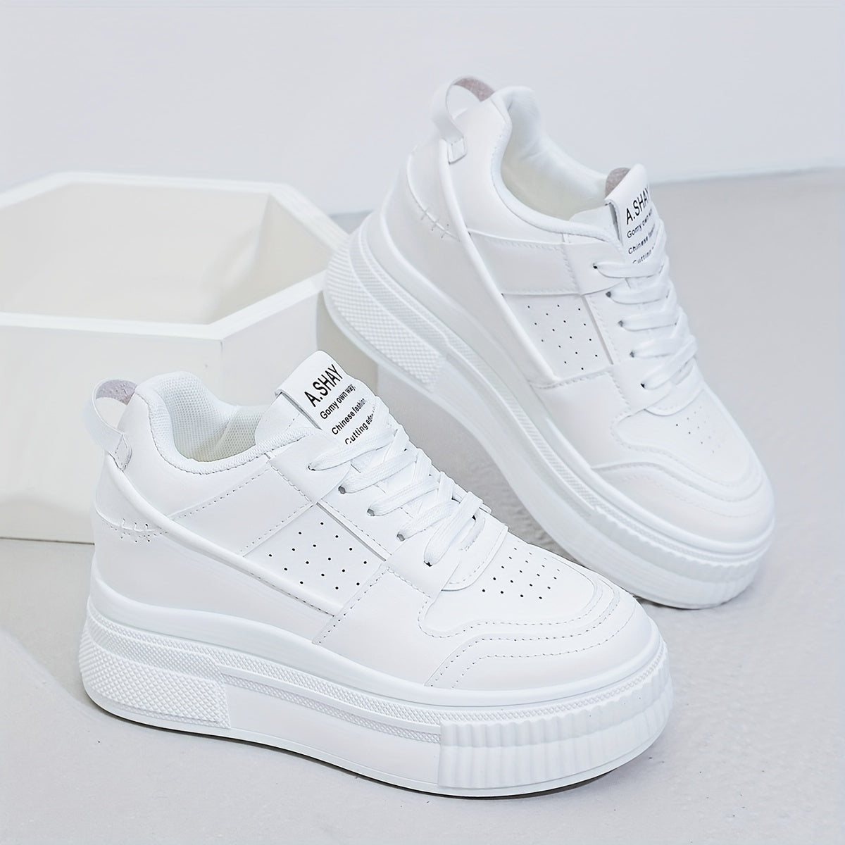 Women's White Casual Sneakers Thick Sole Comfortable Fashion