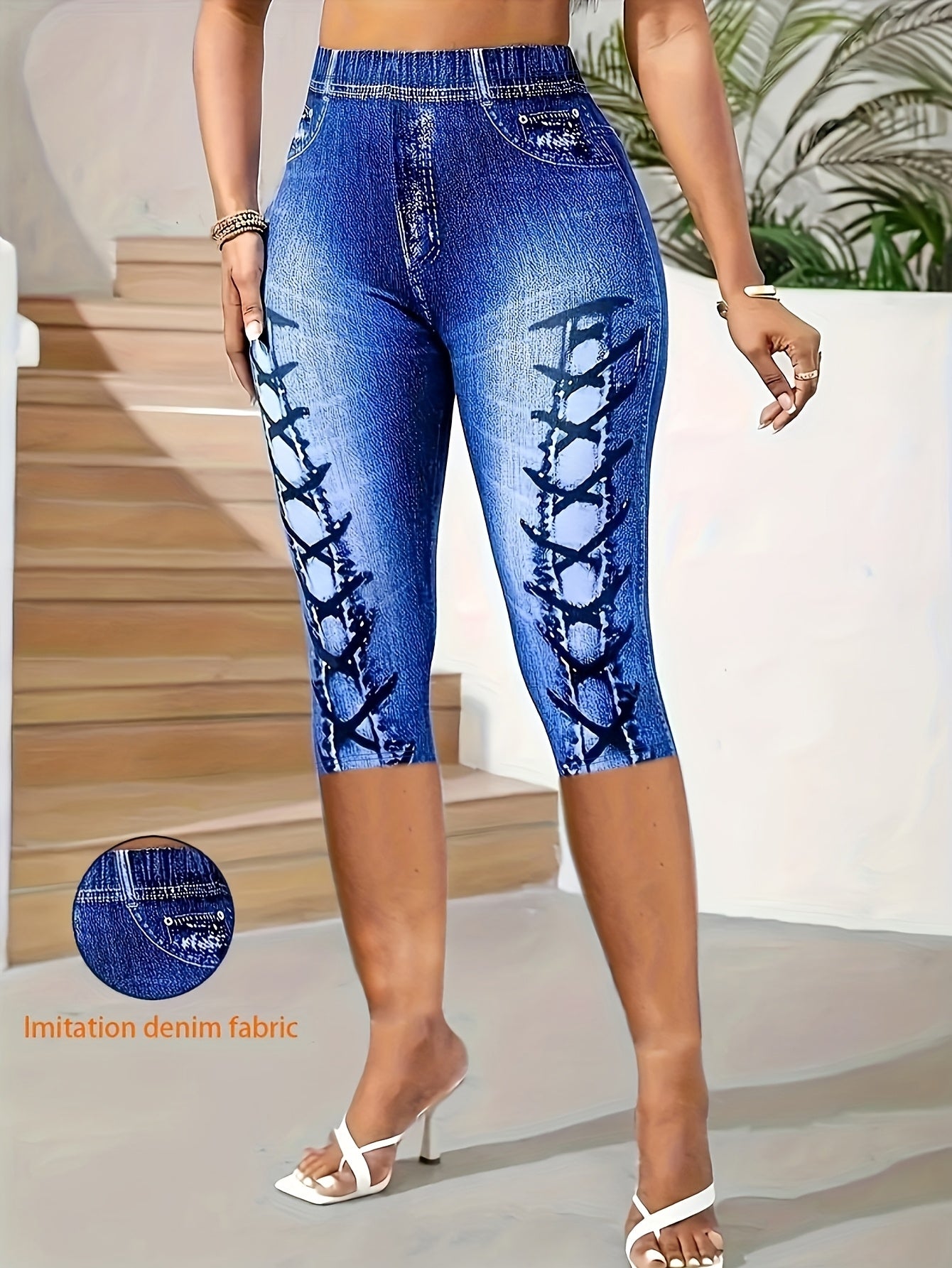 Women's Plus Size Faux Denim Print Tight Seven-Eighth Pants