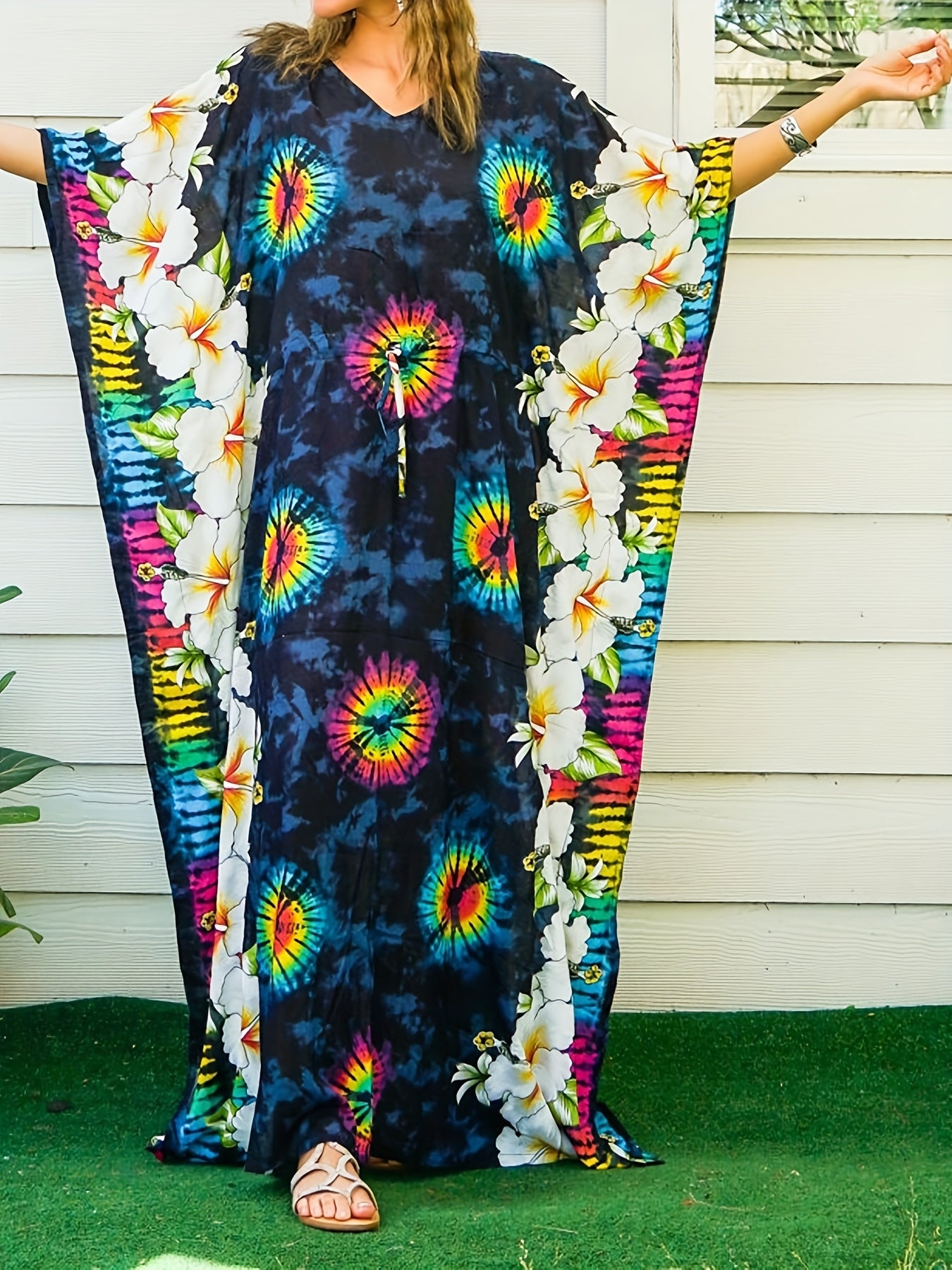 Women's Plus Size V-Neck Floral Print Kaftan Dress with Batwing Sleeves