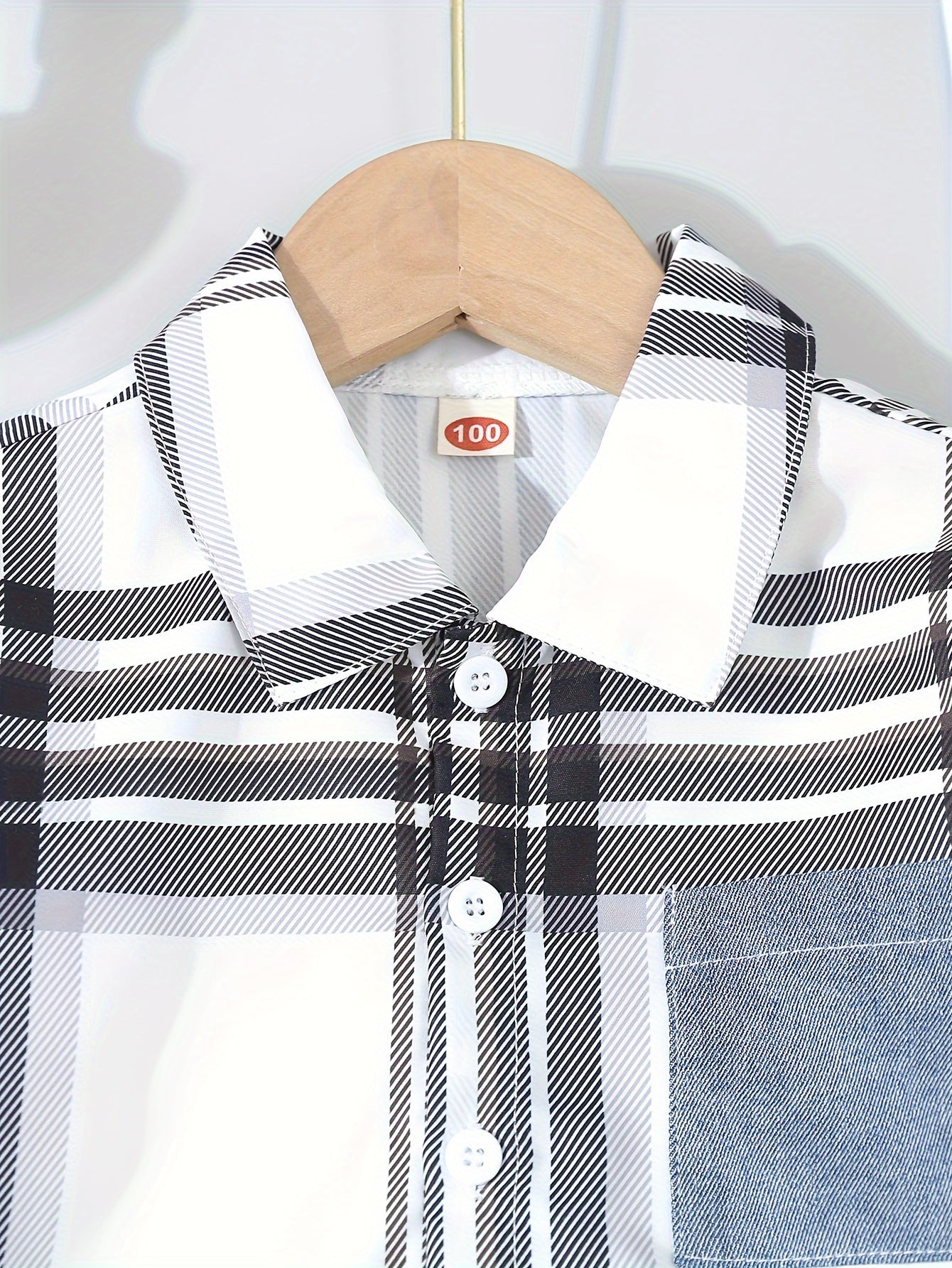 Boys' Casual Plaid Denim Shirt and Jeans Set Lightweight Polyester for Spring Fall