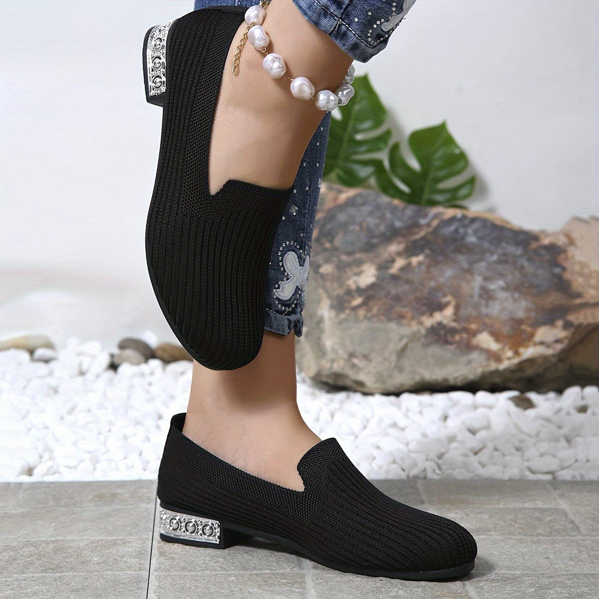 Women's Breathable Fabric Pumps with Plain Toe and Low Block Heel