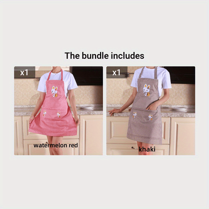 Blue and White Checkered Apron with Rabbit Design, Oil & Dirt Resistant Polyester, Lightweight for Cooking Gardening and Baking