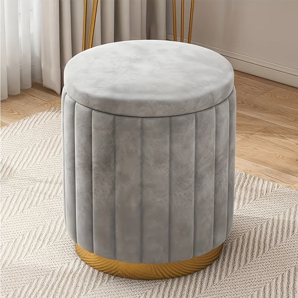 Nordic Modern Round Storage Ottoman Fabric Upholstered Grey Mirror Finish Footrest