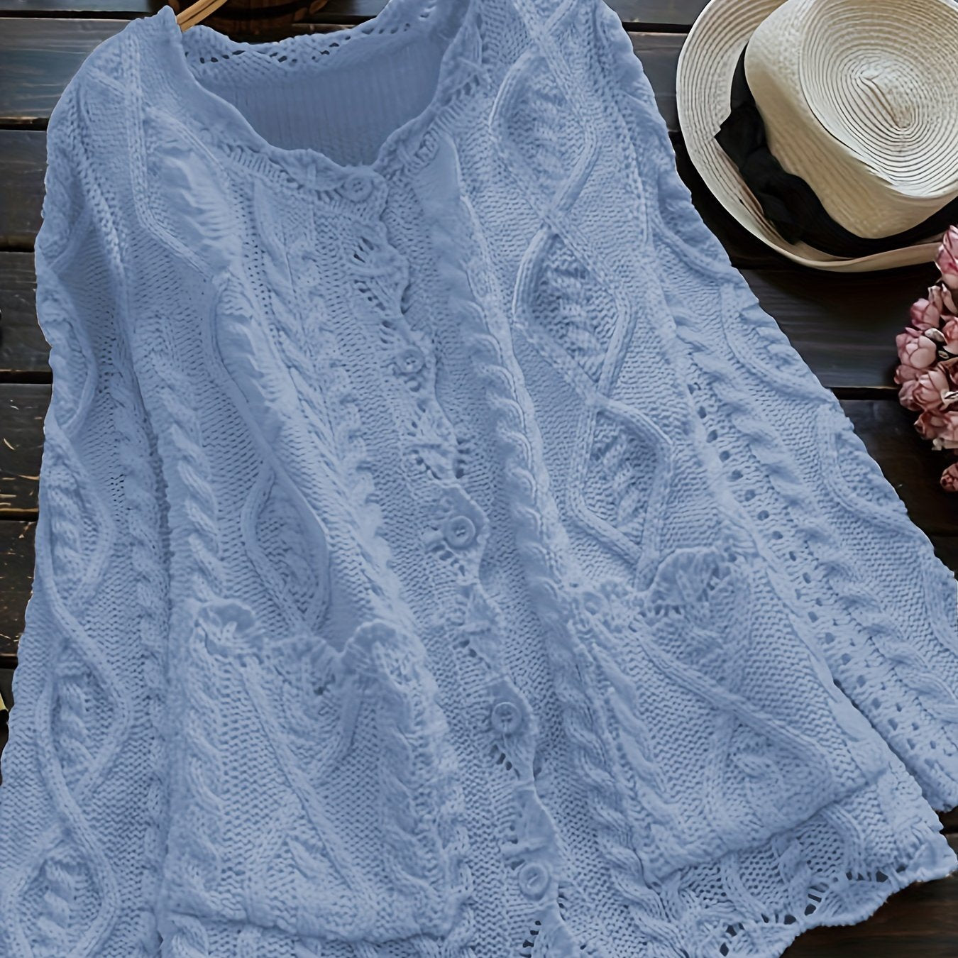Women's Light Blue Casual Knit Cardigan with Lace Detailing and Round Neck