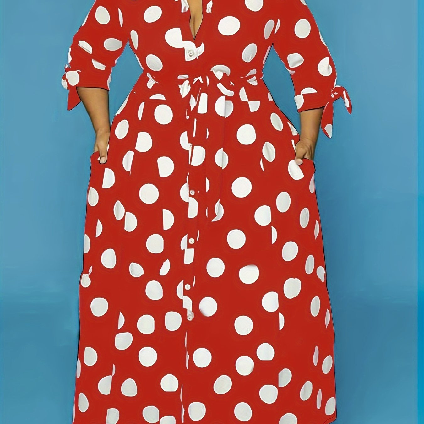 Plus Size Women's Polka Dot Maxi Dress with Collared Button Front and Belt