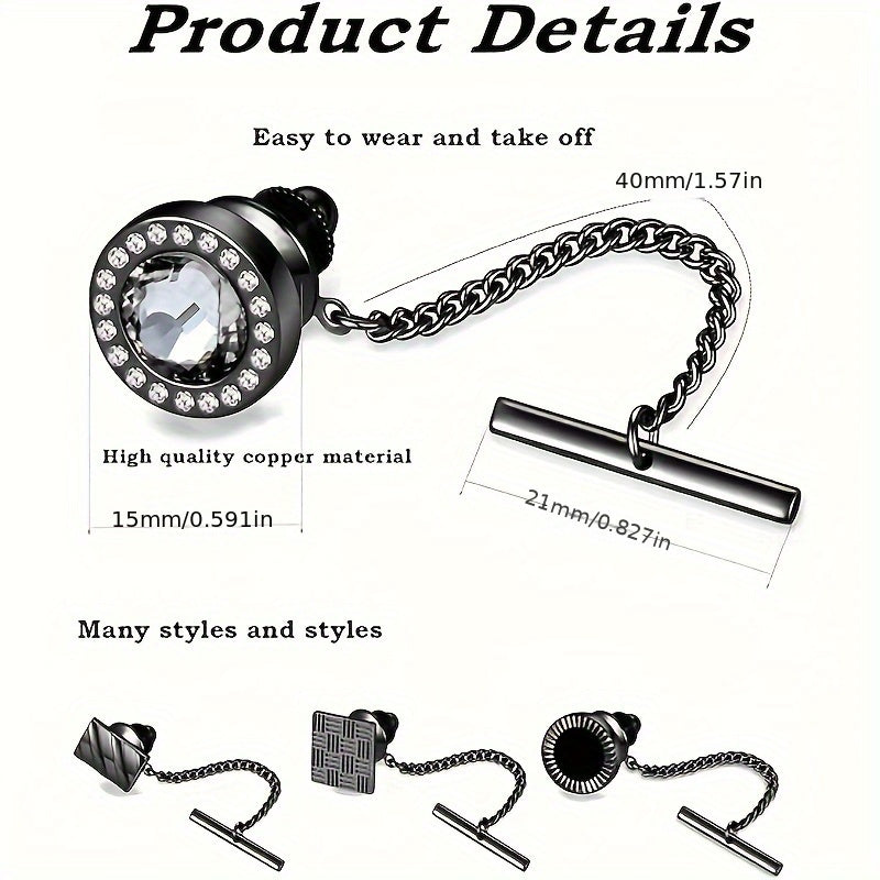 Set of 9 Men's Tie Pins with Chains and Clips in Black Silver and Gold