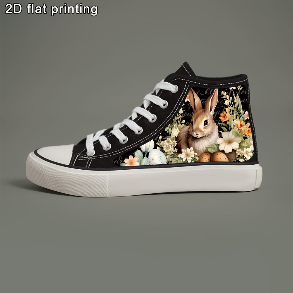 Women High-Top Canvas Sneakers With Bunny Floral Print Casual Skate Shoes Black