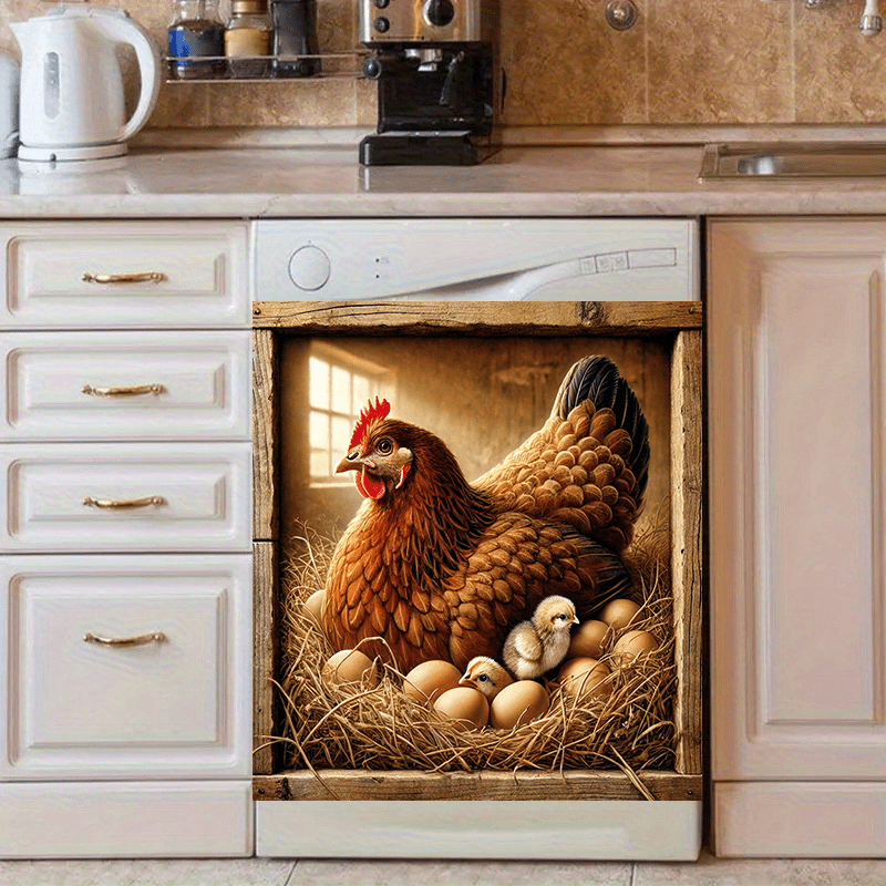 Mamlakat Hen and Chicks Dishwasher Magnet Cover Waterproof PVC Barnyard Egg Scene Kitchen Decor 58.5x65 cm