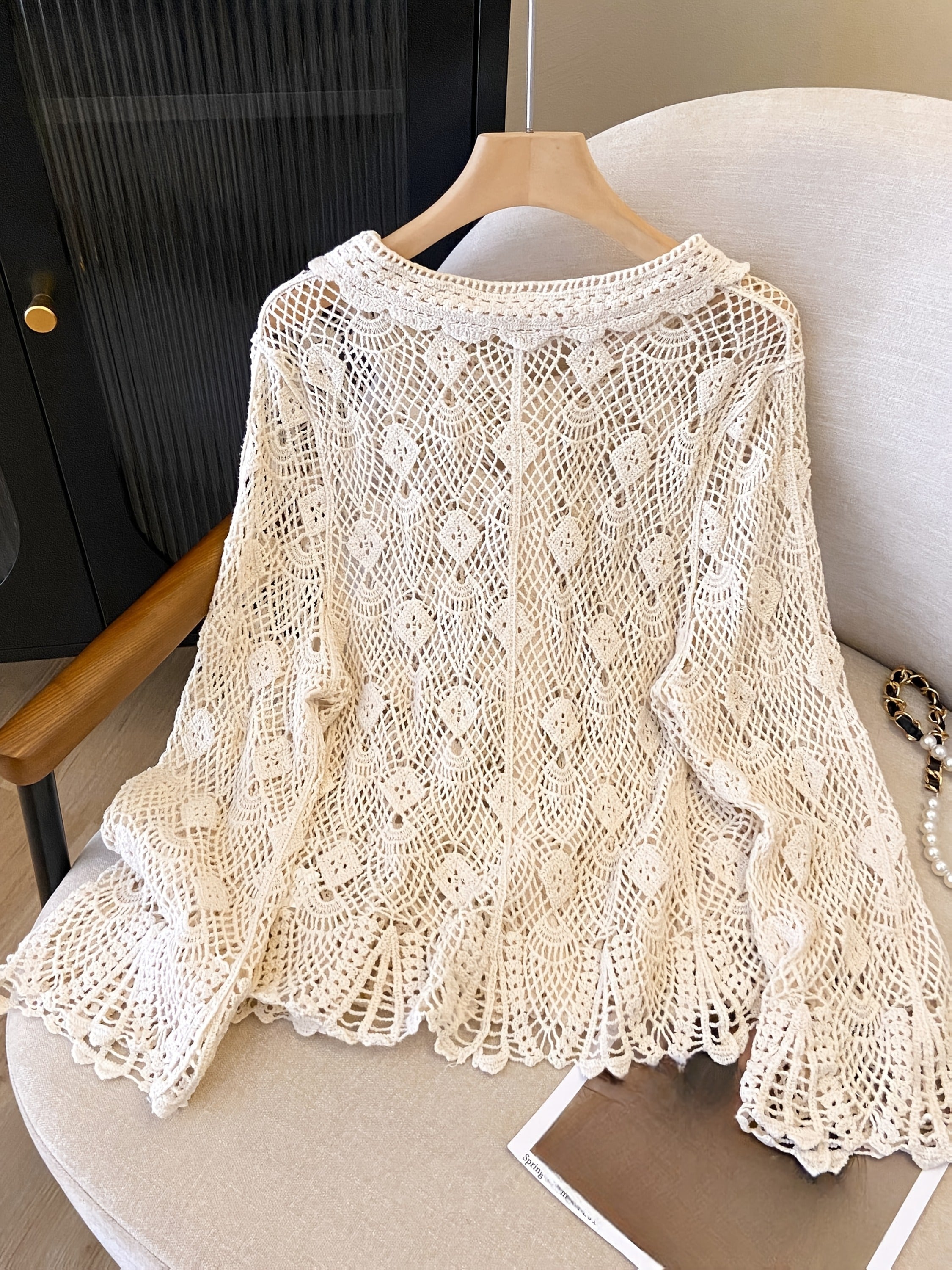 Blusa de encaje de crochet con cuello en V para mujer talla plus de manga larga primavera verano