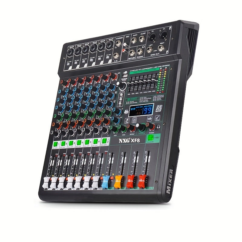 'NXG XF8/12/16 Professional Mixer Soundboard 8/12/16 kanalli, USB MP3 kompyuter kirishi, 48V fantom quvvati, 99 ta reverb effektlari va yozish funksiyasi bilan.'