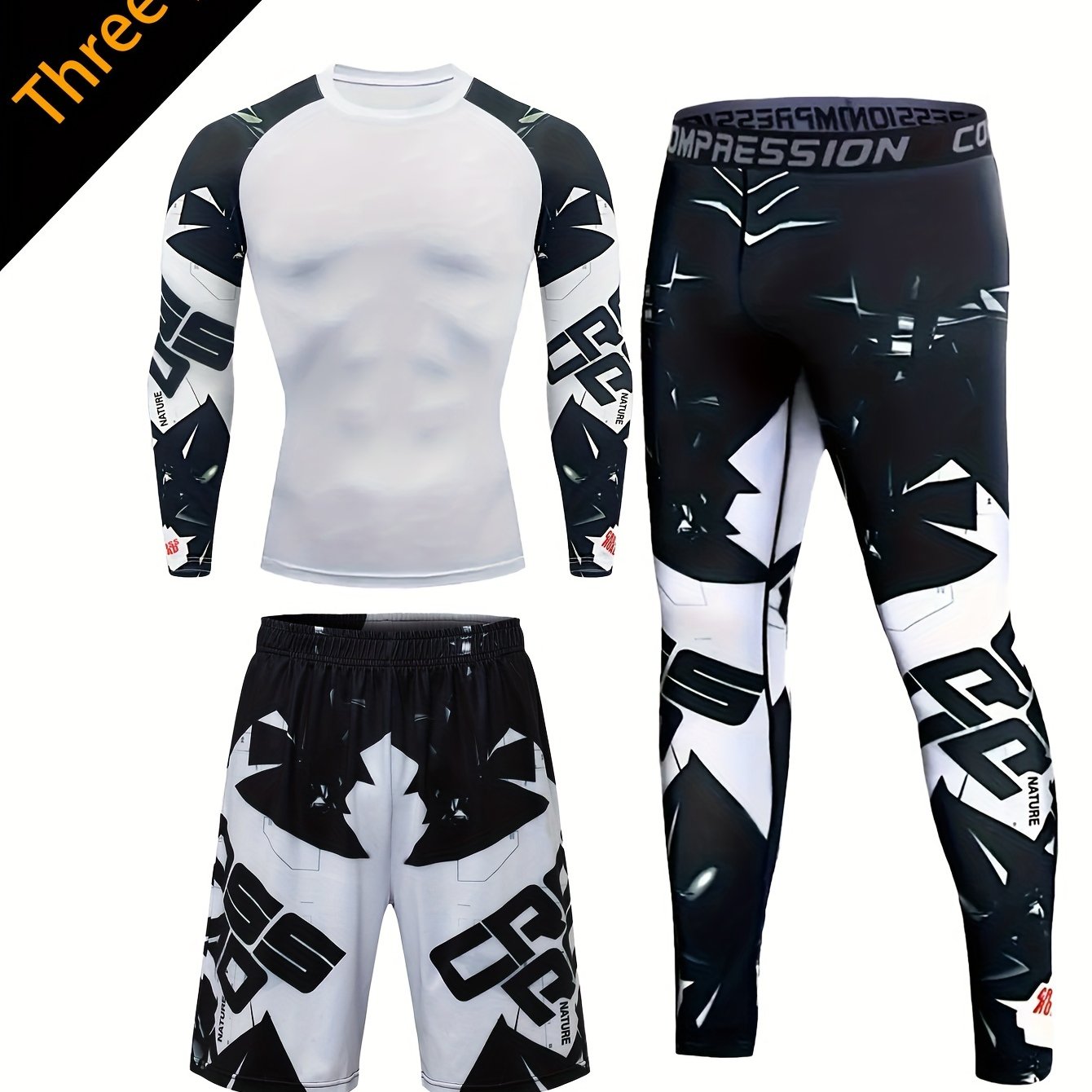 Men's White Camo Compression Sports Set Long Sleeve Top Shorts Fitness Gear