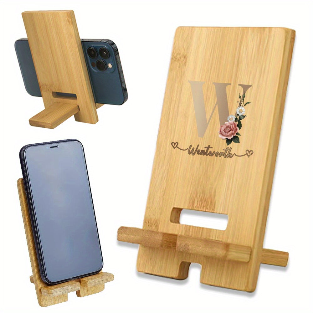 Customized Wooden Phone Stand with Detachable Desk Holder and Engraved Name in Light Brown Cork
