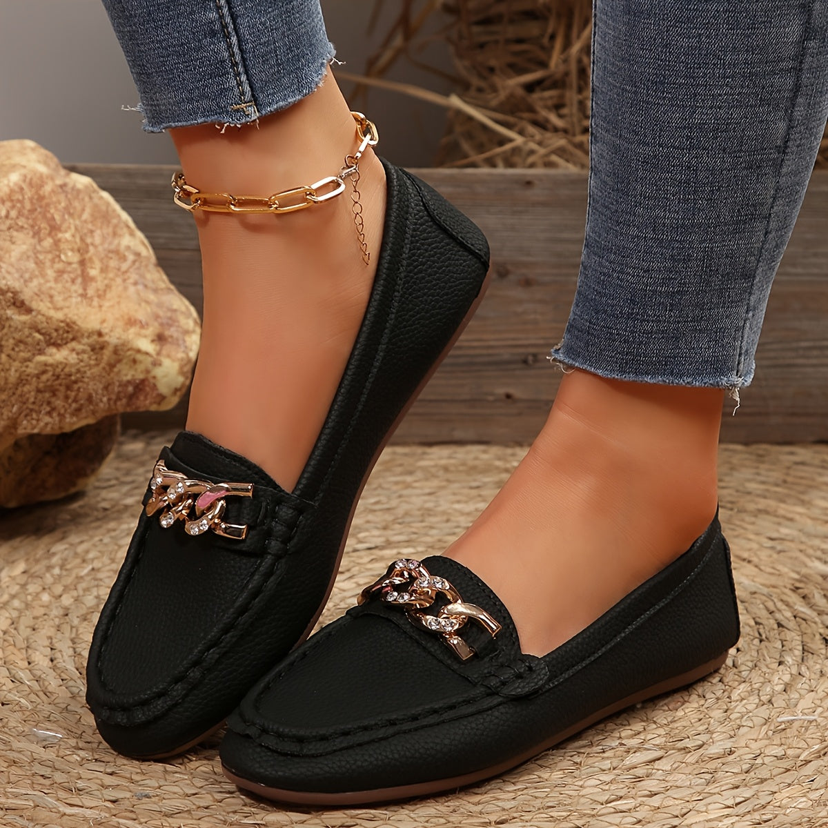 Women's White Faux Cover Loafers with Gold Chain Slip-On Flats